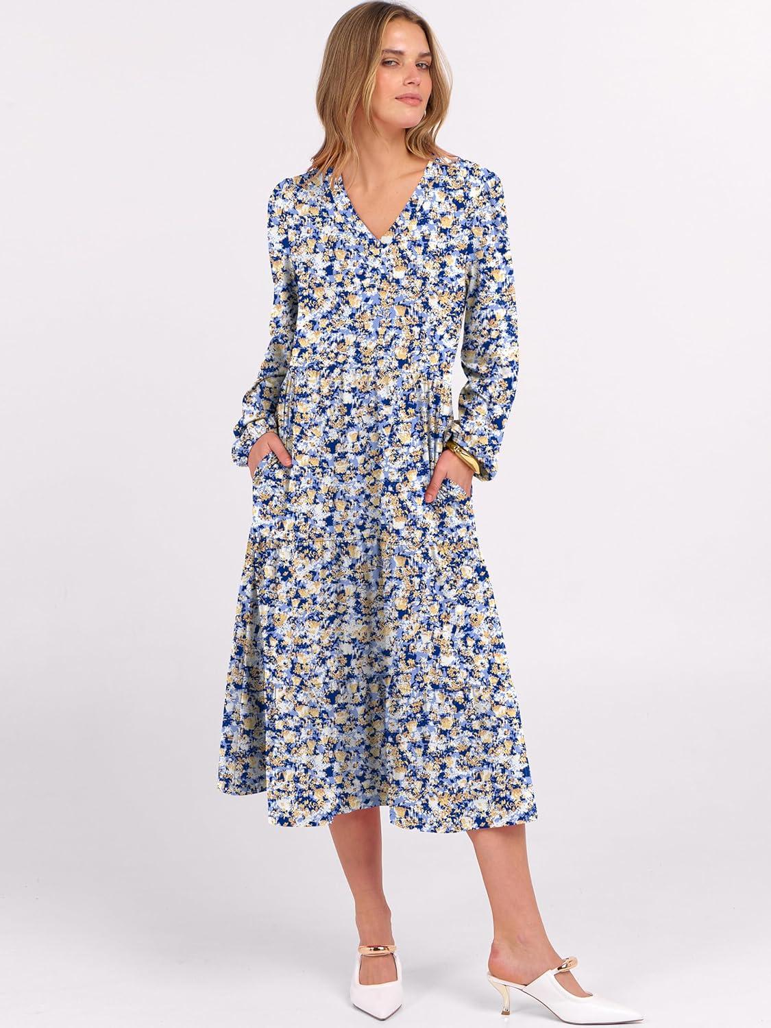 imageANRABESS Womens Long Lantern Sleeve Floral Midi Dresses 2025 Fall V Neck Casual Flowy Aline Tiered Boho Vacation Long DressFloral Blue Yellow