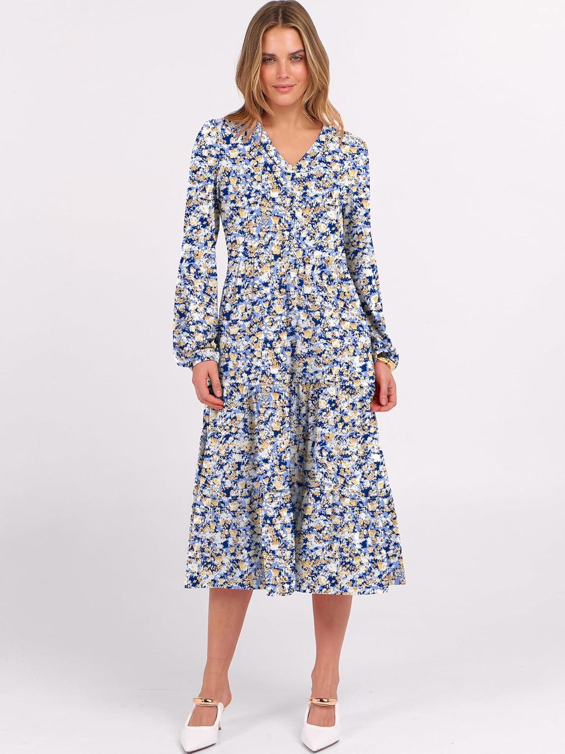 imageANRABESS Womens Long Lantern Sleeve Floral Midi Dresses 2025 Fall V Neck Casual Flowy Aline Tiered Boho Vacation Long DressFloral Blue Yellow