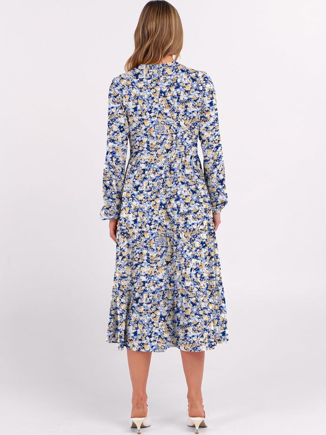 imageANRABESS Womens Long Lantern Sleeve Floral Midi Dresses 2025 Fall V Neck Casual Flowy Aline Tiered Boho Vacation Long DressFloral Blue Yellow