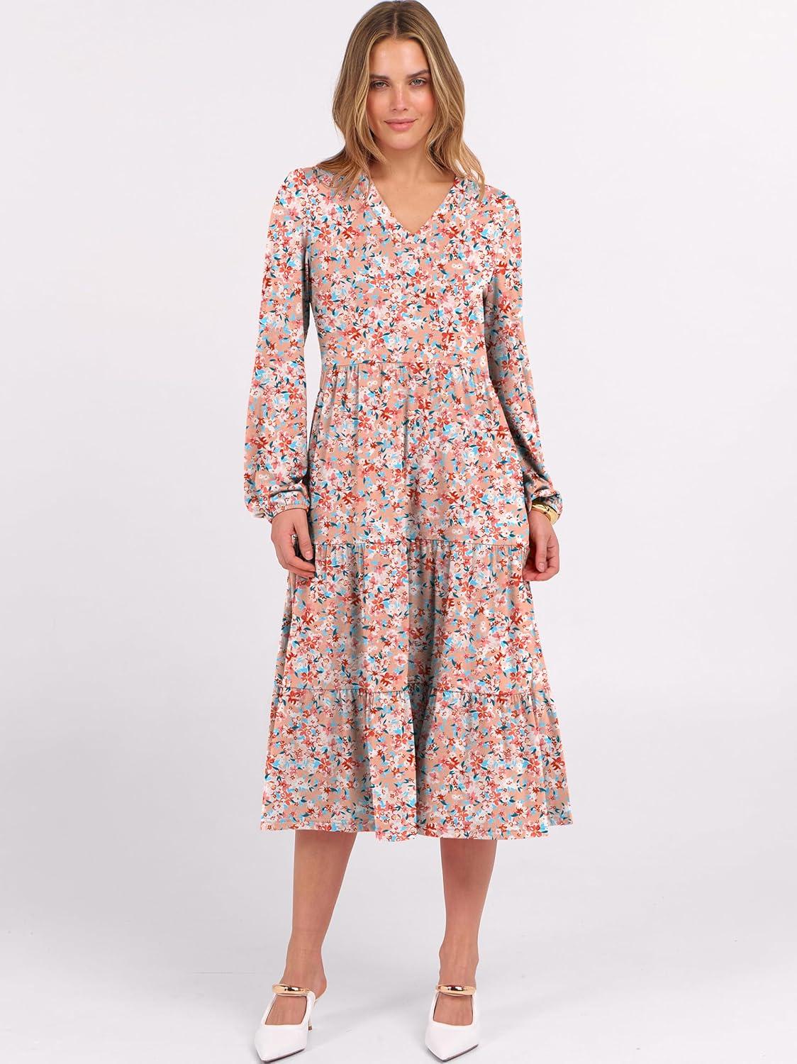 imageANRABESS Womens Long Lantern Sleeve Floral Midi Dresses 2025 Fall V Neck Casual Flowy Aline Tiered Boho Vacation Long DressFloral Pink