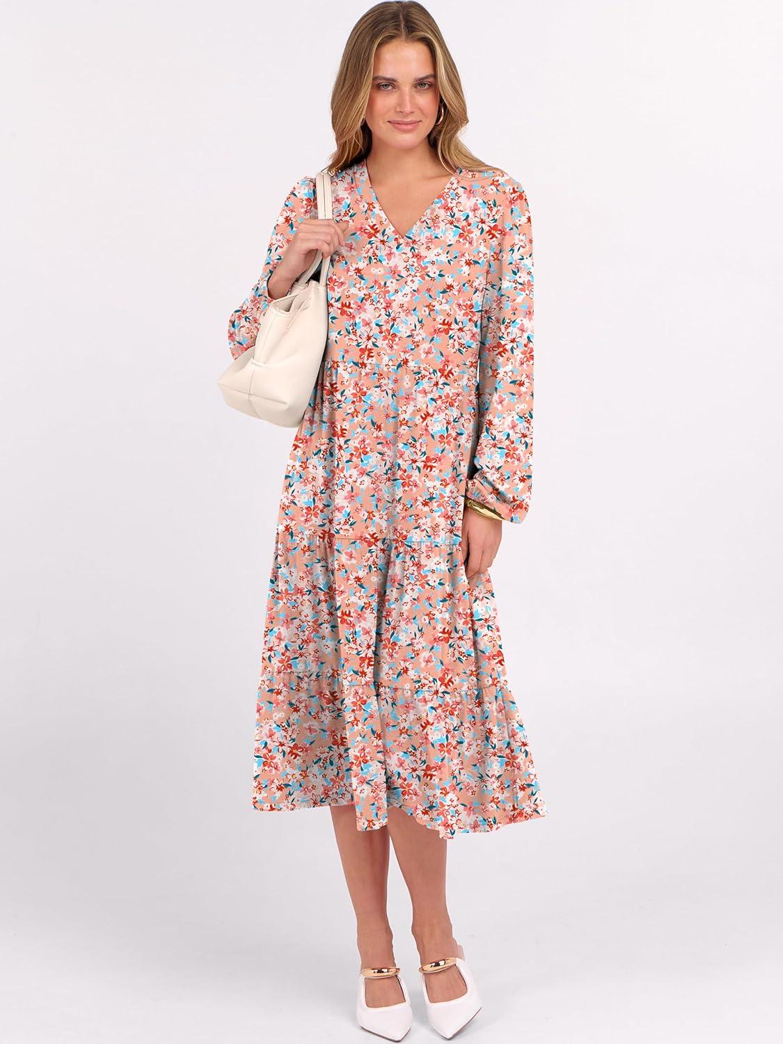 imageANRABESS Womens Long Lantern Sleeve Floral Midi Dresses 2025 Fall V Neck Casual Flowy Aline Tiered Boho Vacation Long DressFloral Pink
