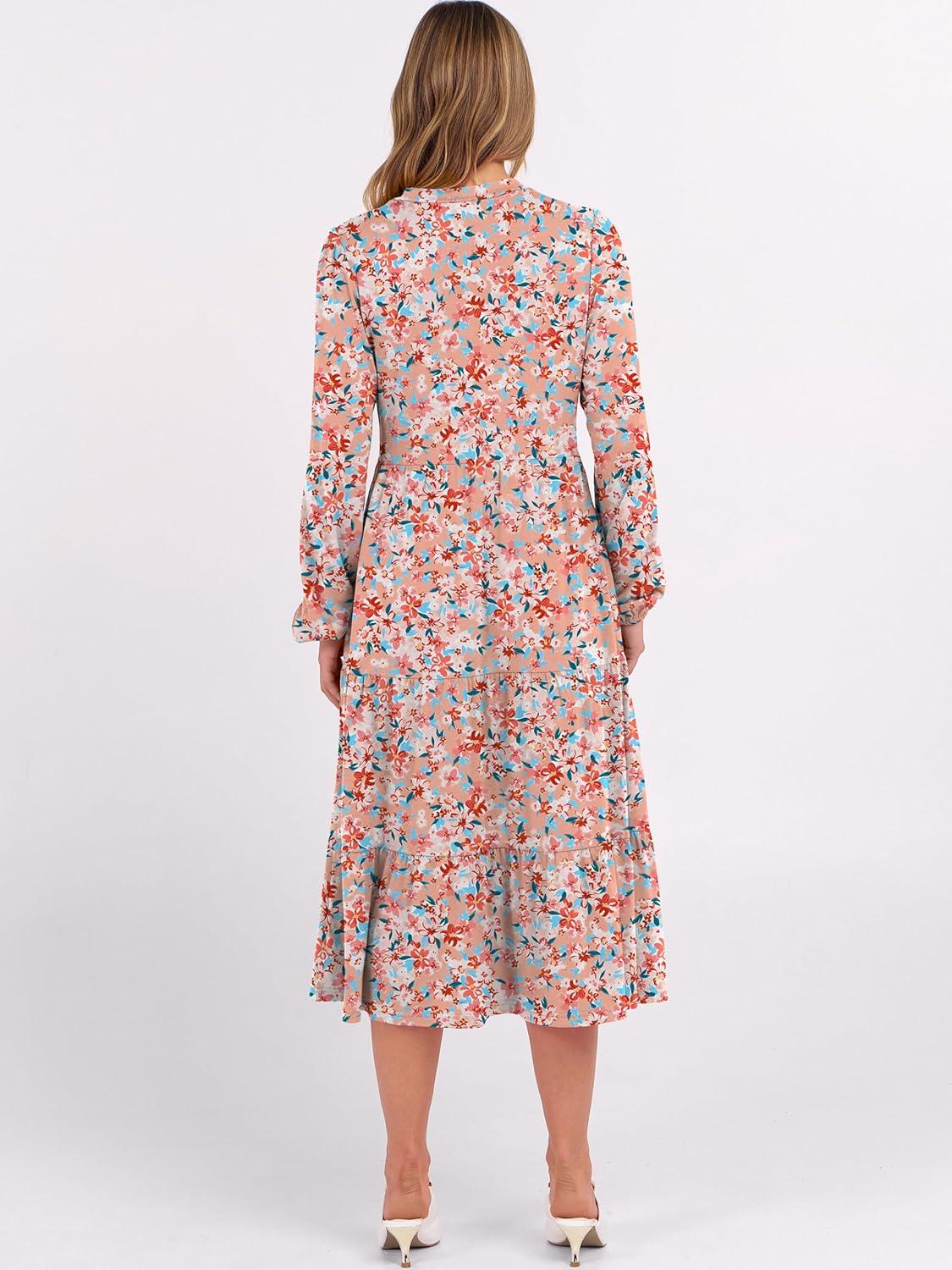 imageANRABESS Womens Long Lantern Sleeve Floral Midi Dresses 2025 Fall V Neck Casual Flowy Aline Tiered Boho Vacation Long DressFloral Pink