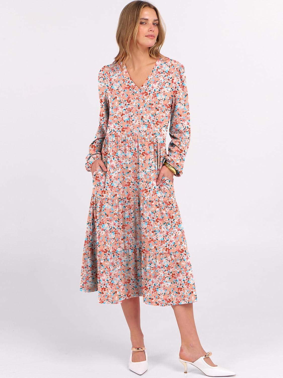 imageANRABESS Womens Long Lantern Sleeve Floral Midi Dresses 2025 Fall V Neck Casual Flowy Aline Tiered Boho Vacation Long DressFloral Pink