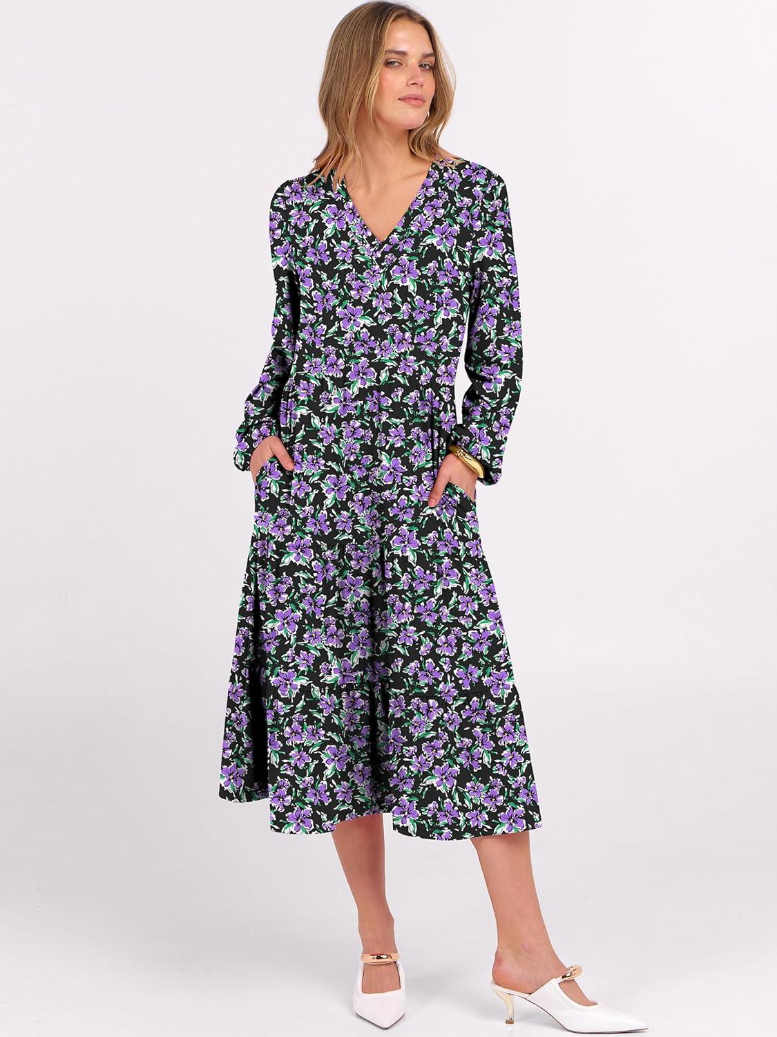 imageANRABESS Womens Long Lantern Sleeve Floral Midi Dresses 2025 Fall V Neck Casual Flowy Aline Tiered Boho Vacation Long DressFloral Purple Black