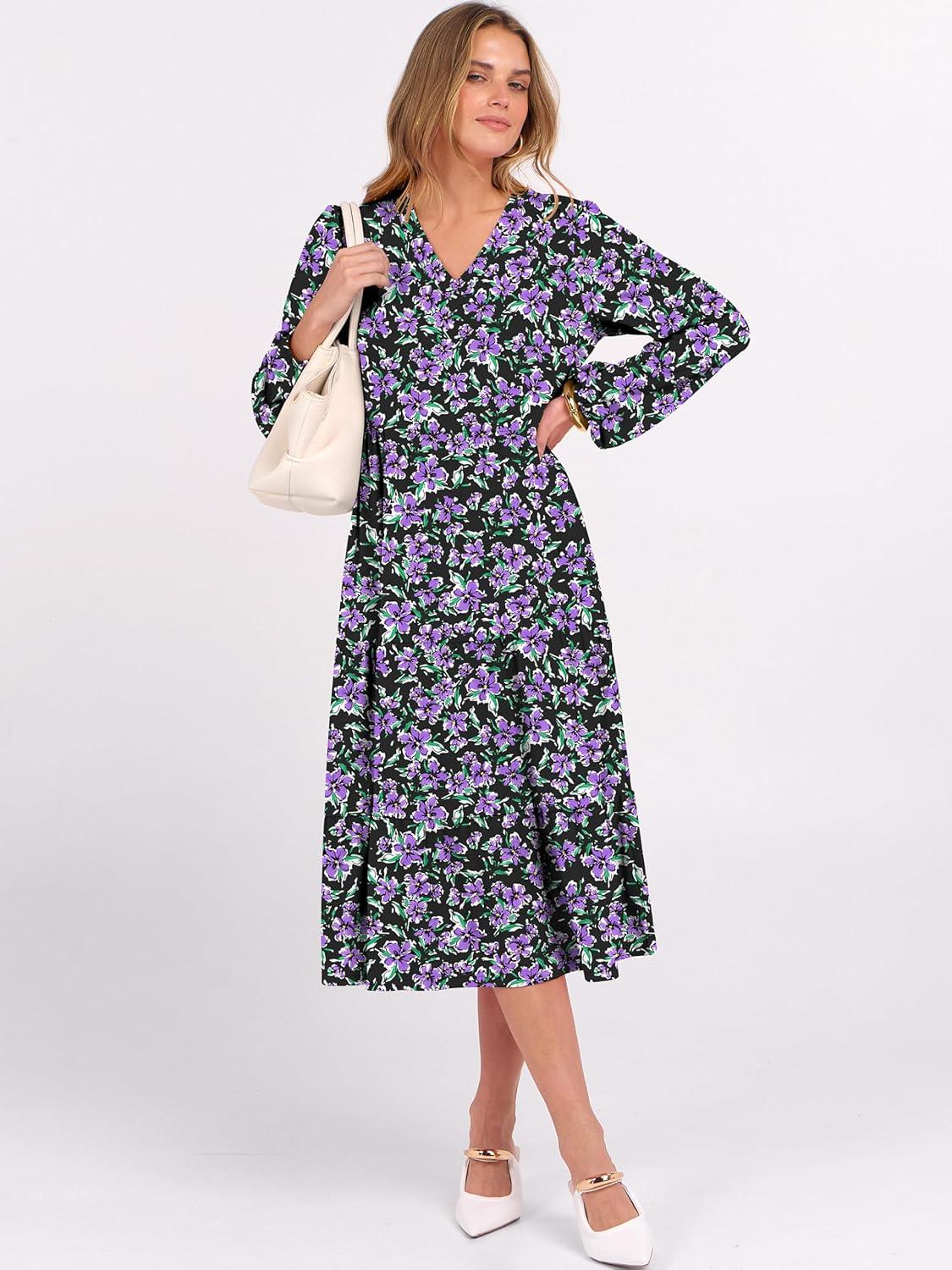 imageANRABESS Womens Long Lantern Sleeve Floral Midi Dresses 2025 Fall V Neck Casual Flowy Aline Tiered Boho Vacation Long DressFloral Purple Black