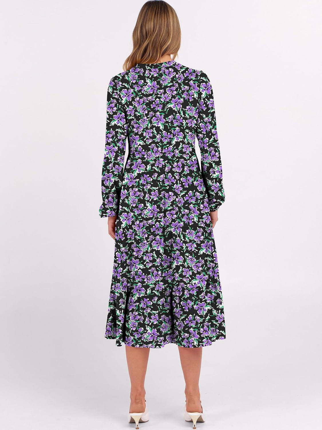 imageANRABESS Womens Long Lantern Sleeve Floral Midi Dresses 2025 Fall V Neck Casual Flowy Aline Tiered Boho Vacation Long DressFloral Purple Black