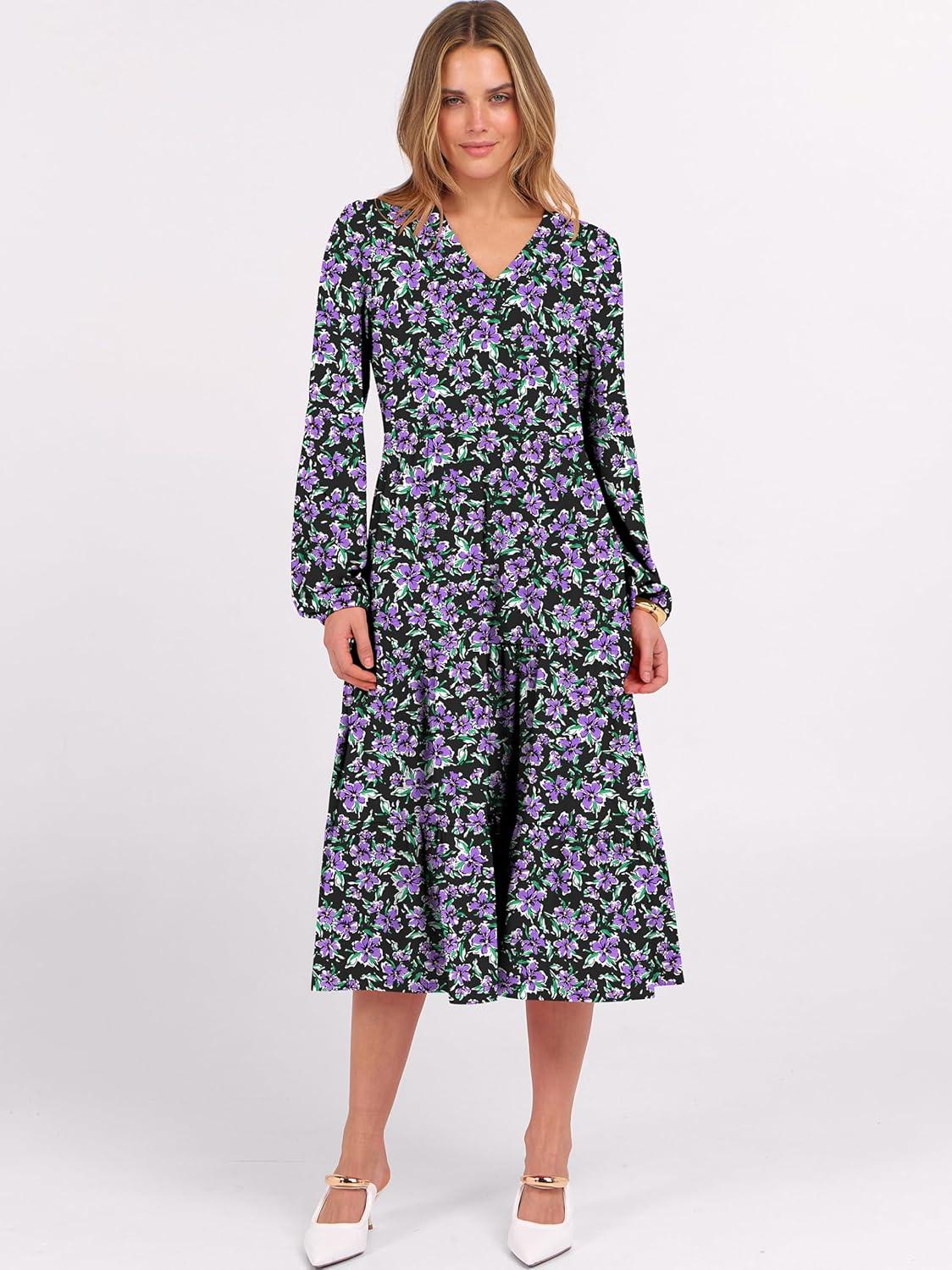 imageANRABESS Womens Long Lantern Sleeve Floral Midi Dresses 2025 Fall V Neck Casual Flowy Aline Tiered Boho Vacation Long DressFloral Purple Black