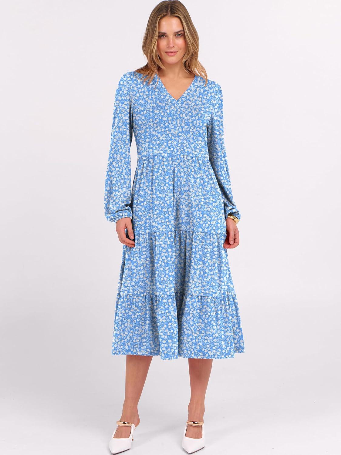 imageANRABESS Womens Long Lantern Sleeve Floral Midi Dresses 2025 Fall V Neck Casual Flowy Aline Tiered Boho Vacation Long DressFloral White Blue