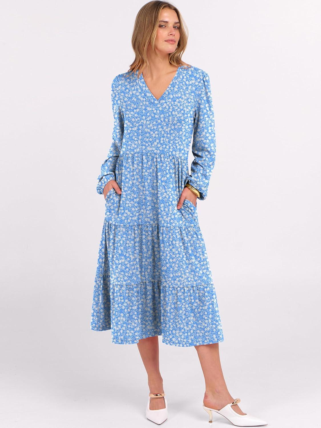 imageANRABESS Womens Long Lantern Sleeve Floral Midi Dresses 2025 Fall V Neck Casual Flowy Aline Tiered Boho Vacation Long DressFloral White Blue