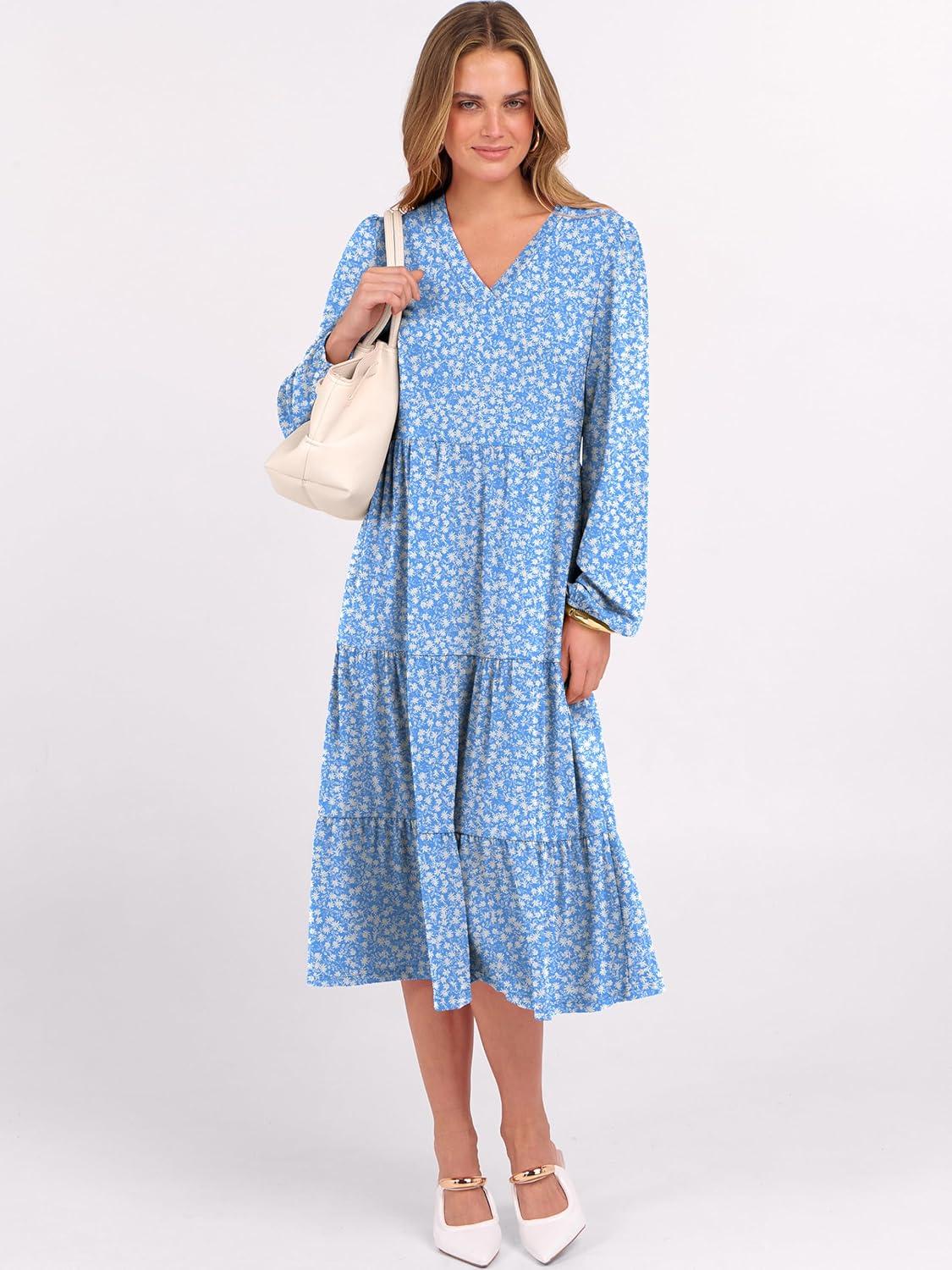 imageANRABESS Womens Long Lantern Sleeve Floral Midi Dresses 2025 Fall V Neck Casual Flowy Aline Tiered Boho Vacation Long DressFloral White Blue