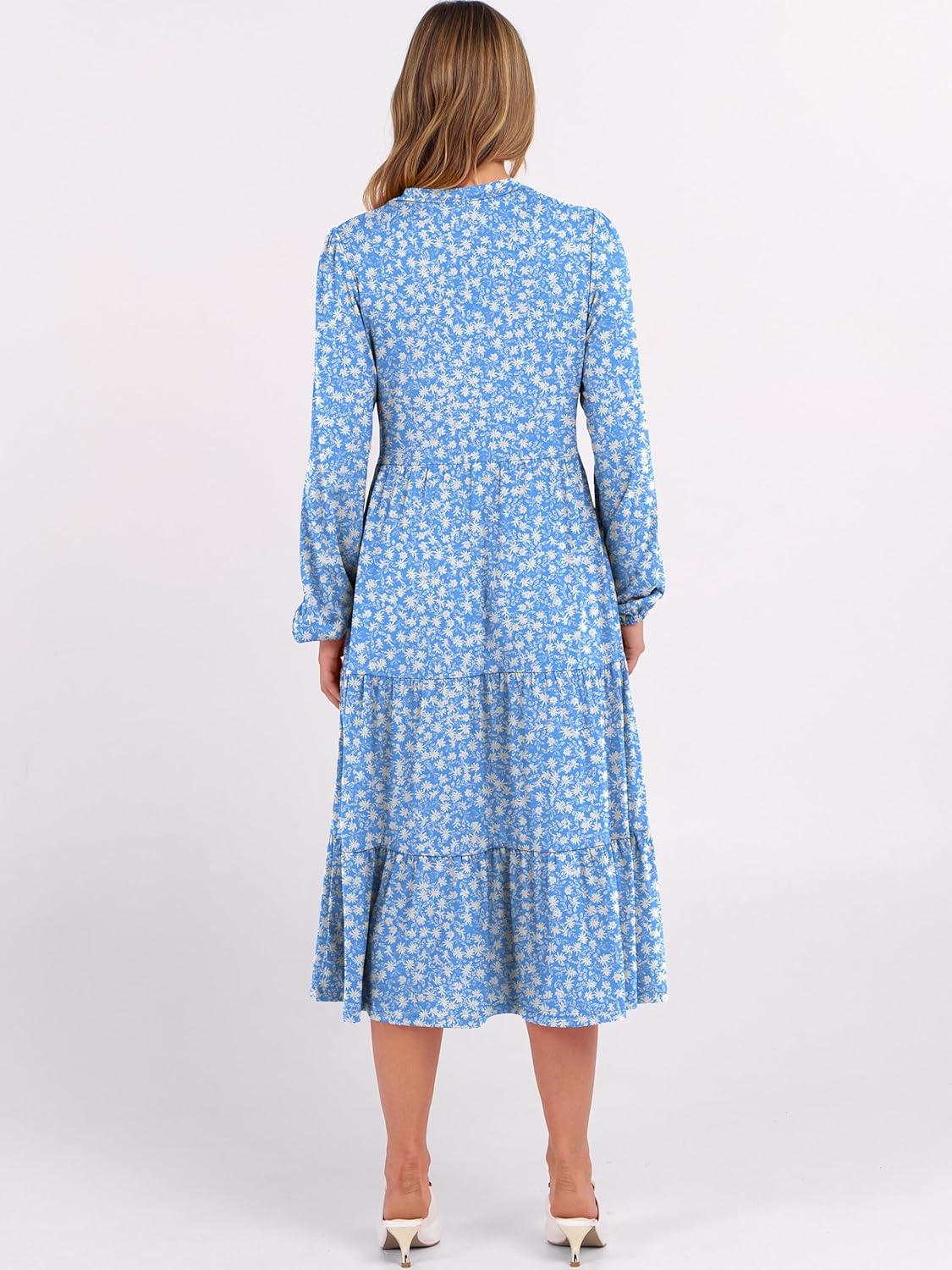 imageANRABESS Womens Long Lantern Sleeve Floral Midi Dresses 2025 Fall V Neck Casual Flowy Aline Tiered Boho Vacation Long DressFloral White Blue