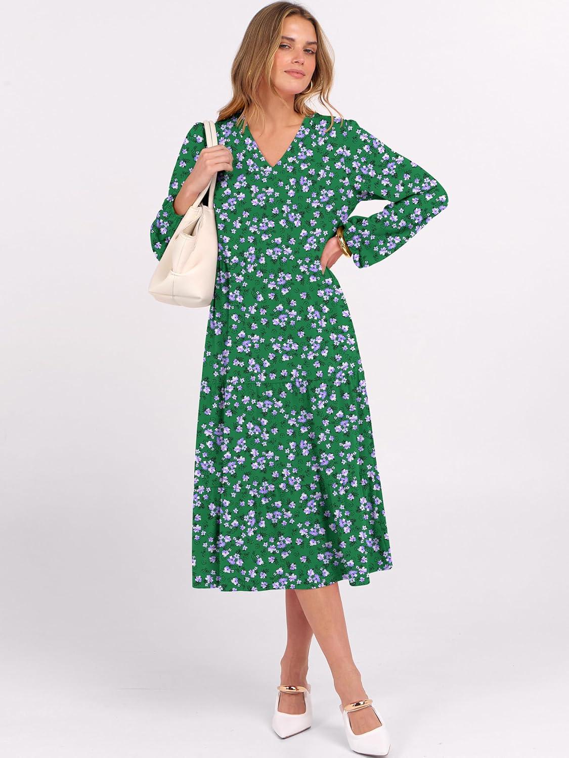 imageANRABESS Womens Long Lantern Sleeve Floral Midi Dresses 2025 Fall V Neck Casual Flowy Aline Tiered Boho Vacation Long DressFloral White Green