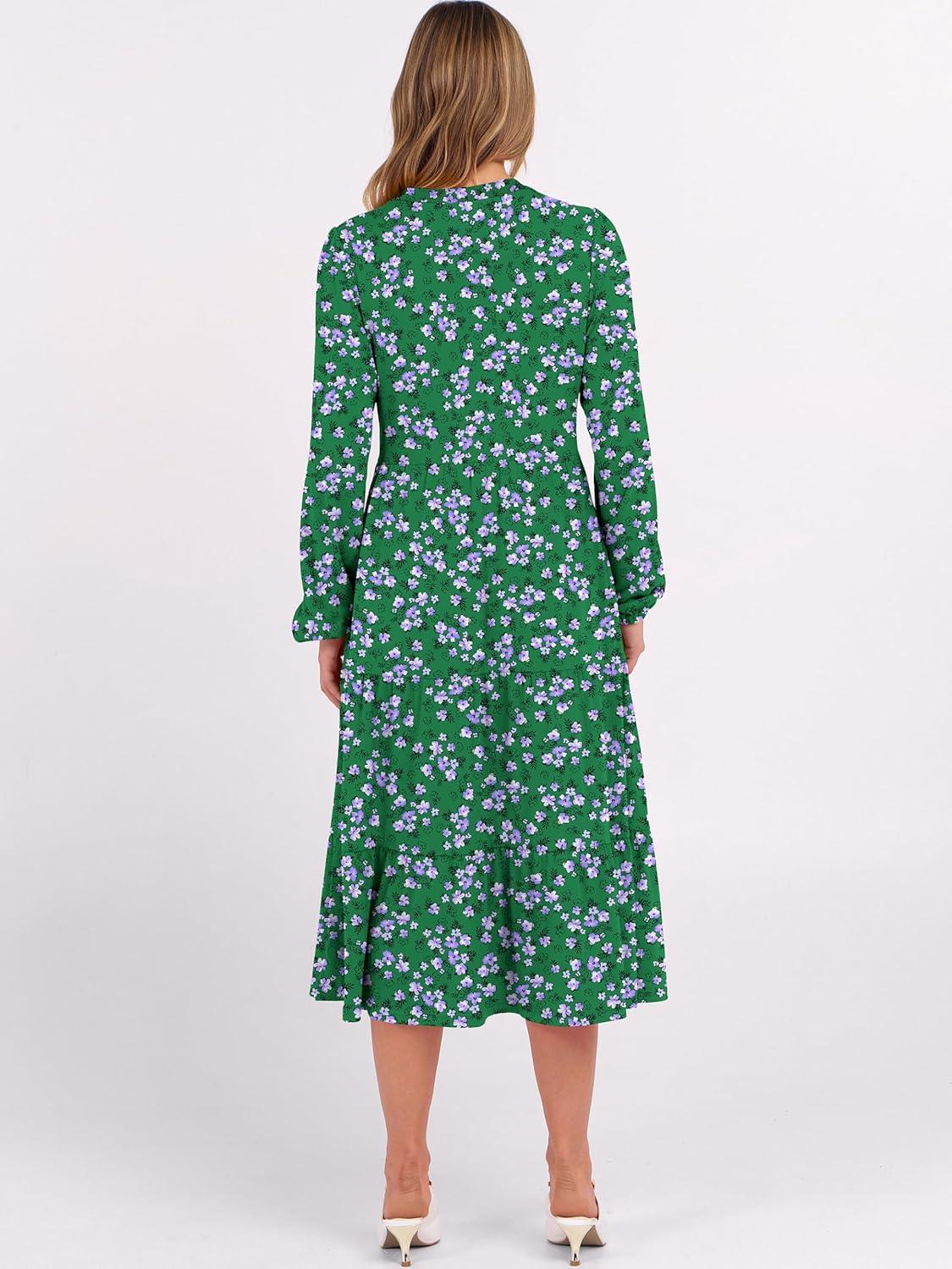 imageANRABESS Womens Long Lantern Sleeve Floral Midi Dresses 2025 Fall V Neck Casual Flowy Aline Tiered Boho Vacation Long DressFloral White Green