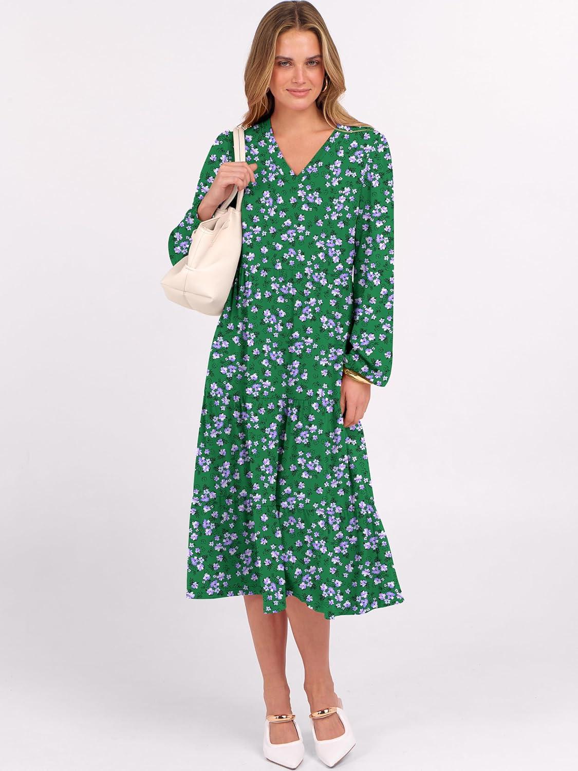 imageANRABESS Womens Long Lantern Sleeve Floral Midi Dresses 2025 Fall V Neck Casual Flowy Aline Tiered Boho Vacation Long DressFloral White Green