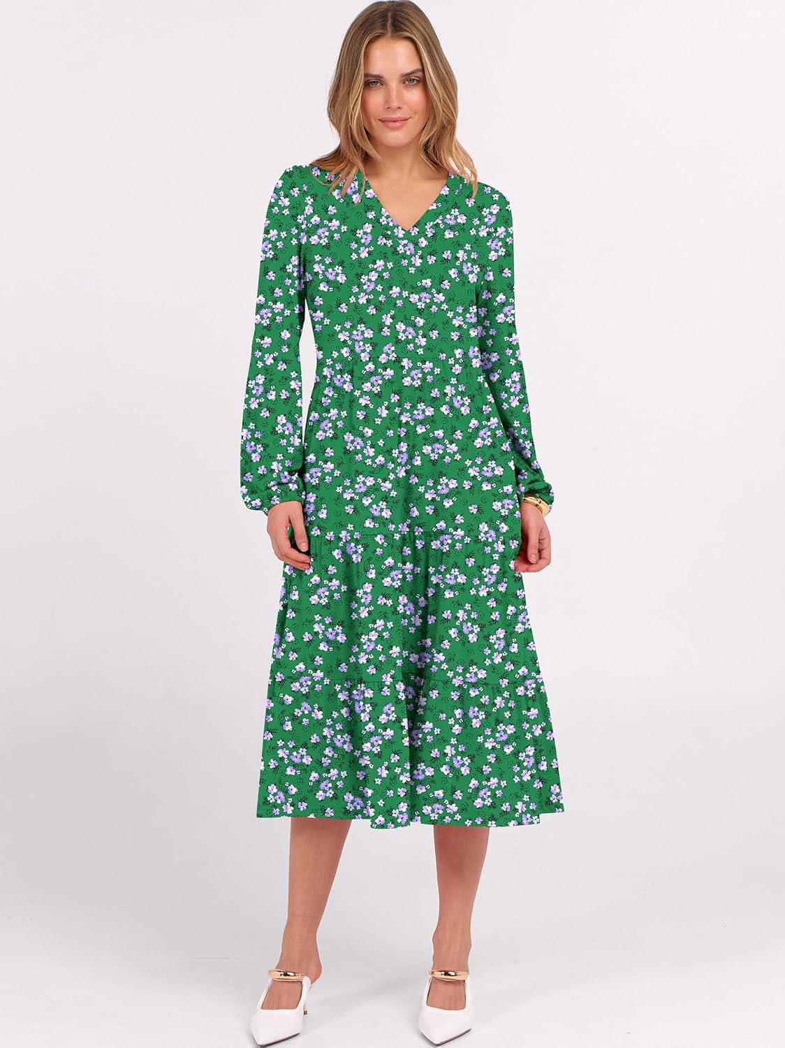 imageANRABESS Womens Long Lantern Sleeve Floral Midi Dresses 2025 Fall V Neck Casual Flowy Aline Tiered Boho Vacation Long DressFloral White Green