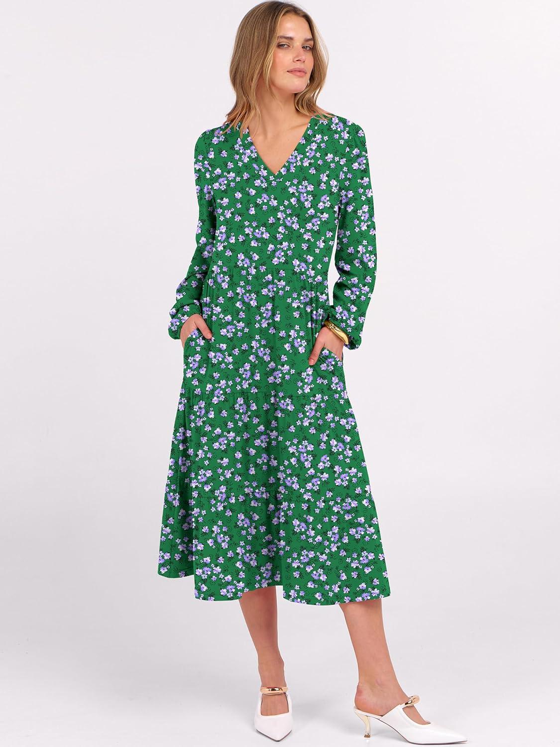 imageANRABESS Womens Long Lantern Sleeve Floral Midi Dresses 2025 Fall V Neck Casual Flowy Aline Tiered Boho Vacation Long DressFloral White Green