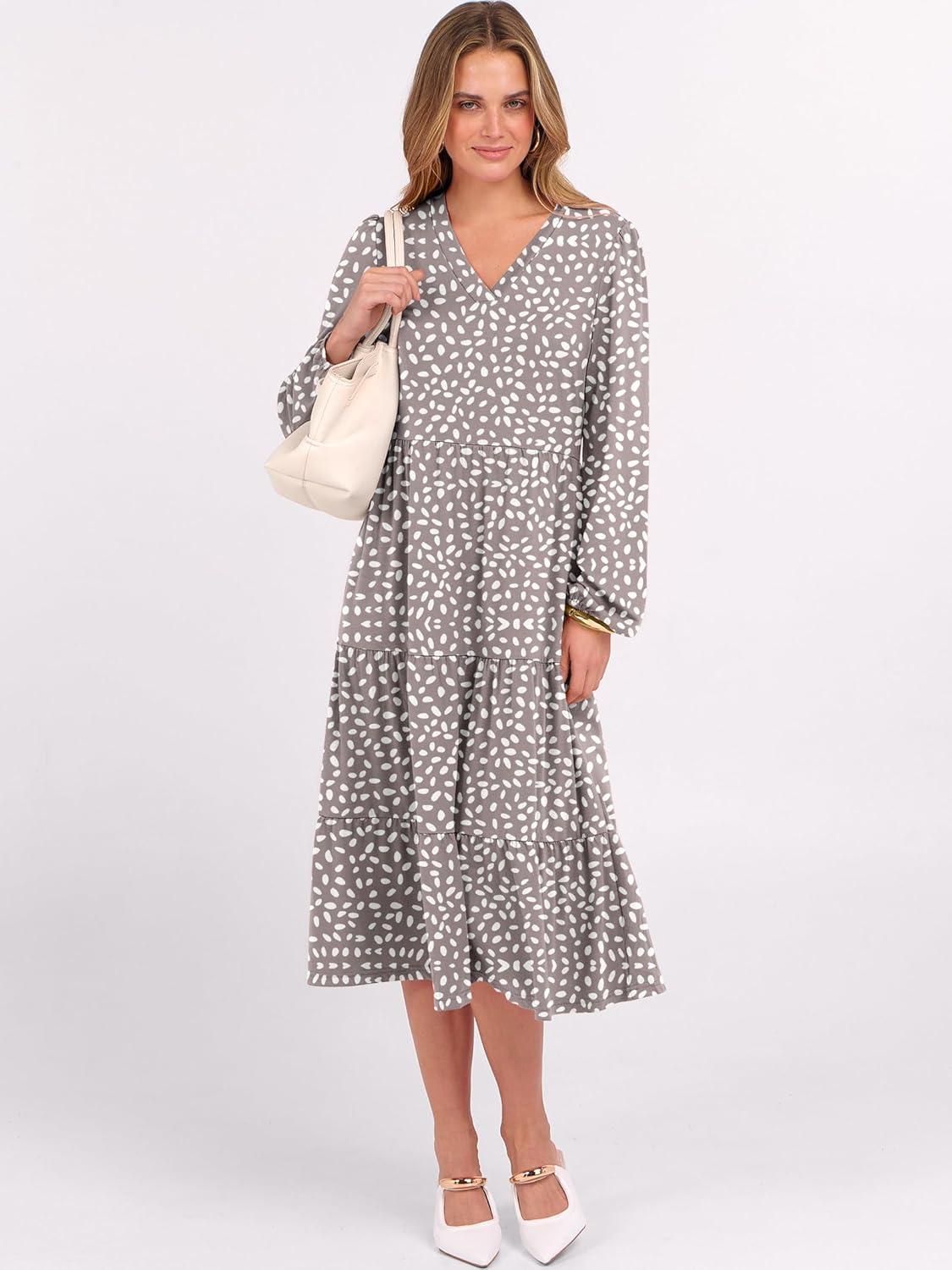 imageANRABESS Womens Long Lantern Sleeve Floral Midi Dresses 2025 Fall V Neck Casual Flowy Aline Tiered Boho Vacation Long DressGrey White Spot Print