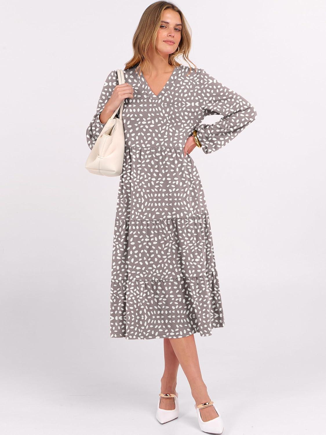 imageANRABESS Womens Long Lantern Sleeve Floral Midi Dresses 2025 Fall V Neck Casual Flowy Aline Tiered Boho Vacation Long DressGrey White Spot Print