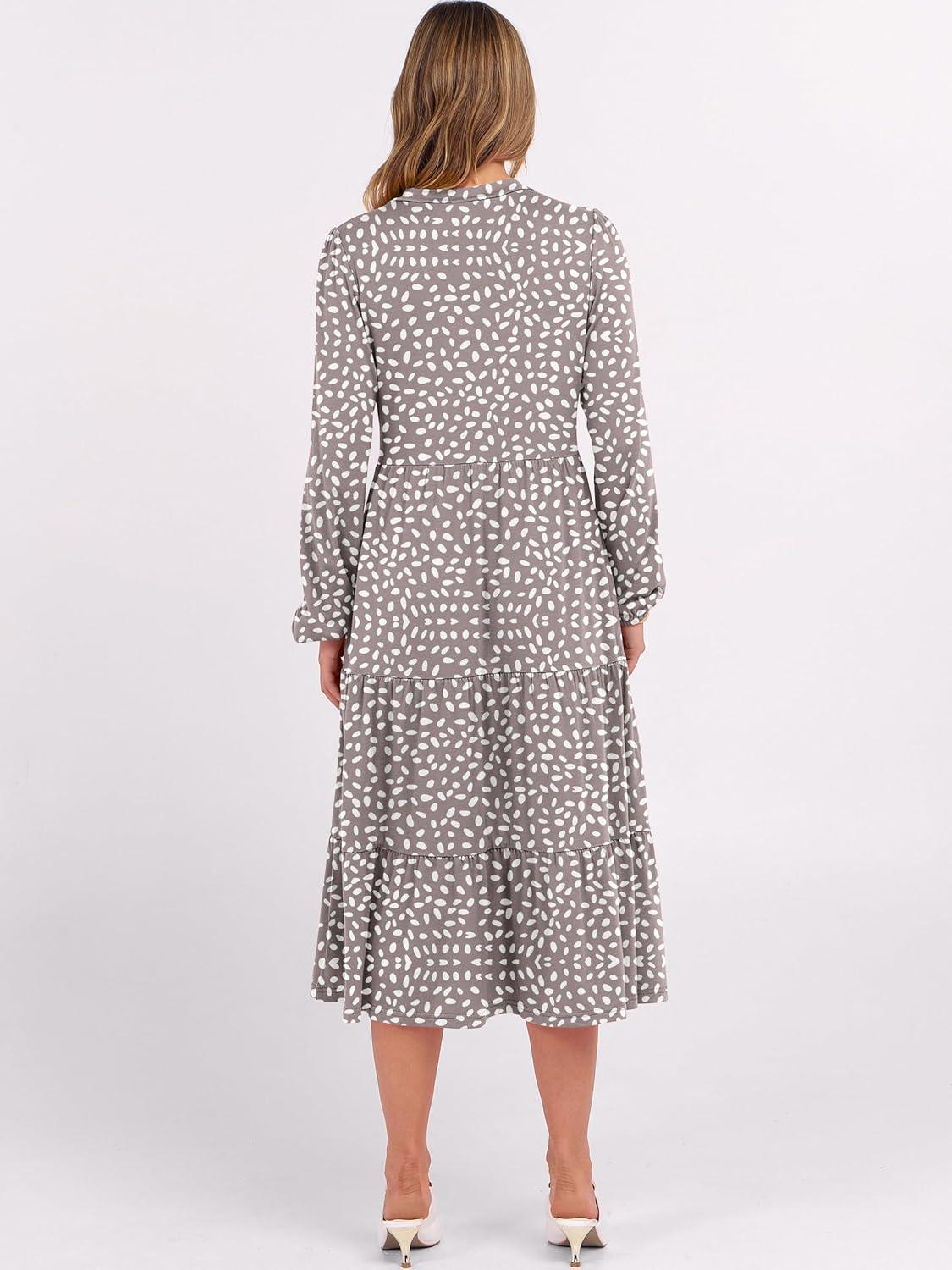 imageANRABESS Womens Long Lantern Sleeve Floral Midi Dresses 2025 Fall V Neck Casual Flowy Aline Tiered Boho Vacation Long DressGrey White Spot Print