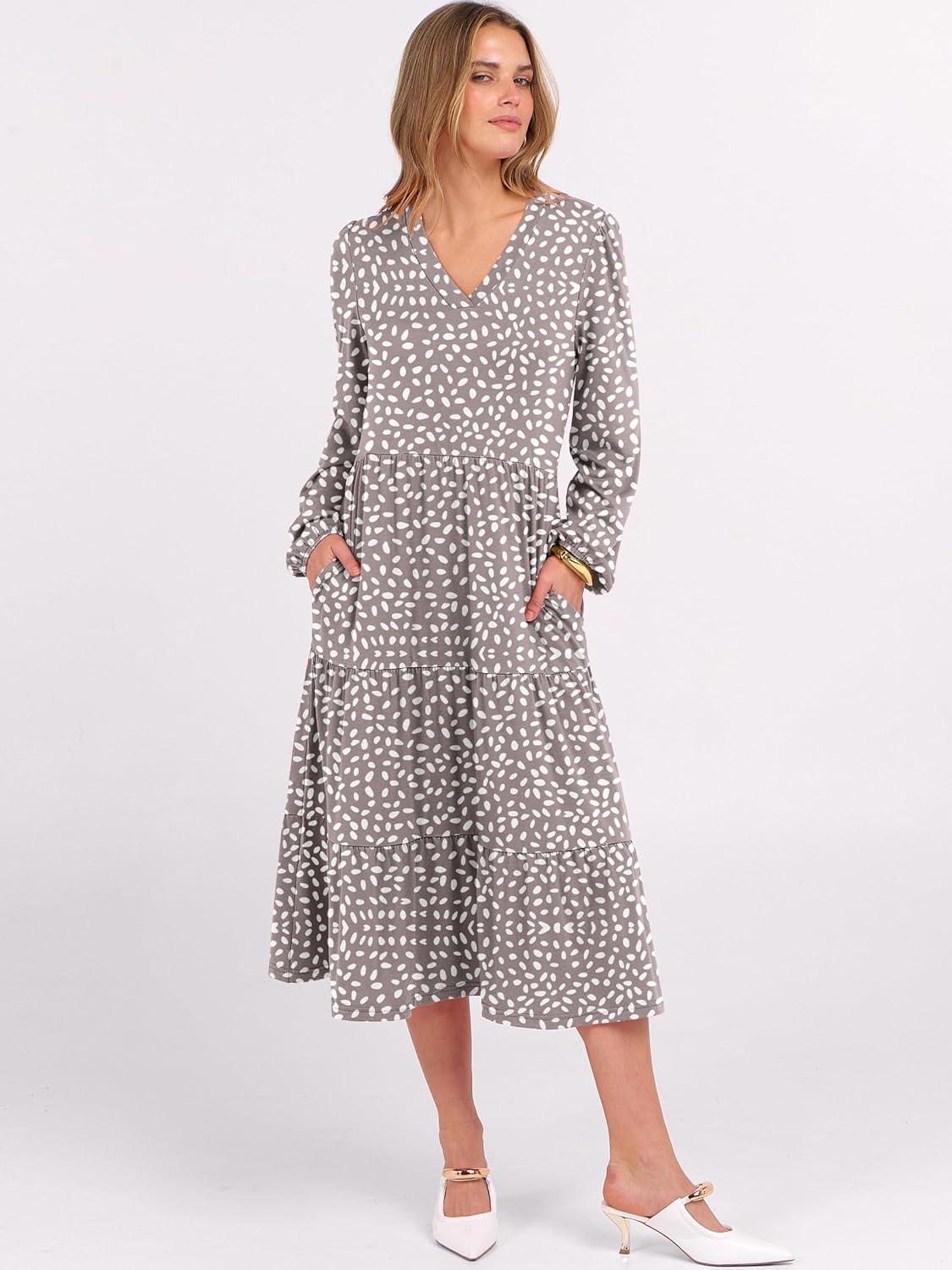 imageANRABESS Womens Long Lantern Sleeve Floral Midi Dresses 2025 Fall V Neck Casual Flowy Aline Tiered Boho Vacation Long DressGrey White Spot Print