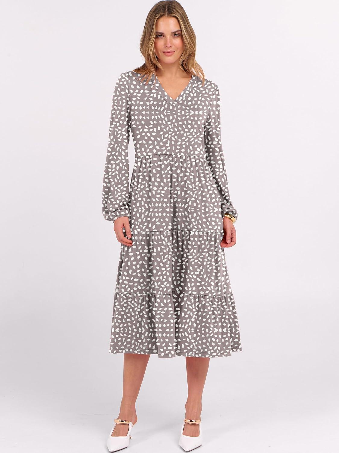 imageANRABESS Womens Long Lantern Sleeve Floral Midi Dresses 2025 Fall V Neck Casual Flowy Aline Tiered Boho Vacation Long DressGrey White Spot Print