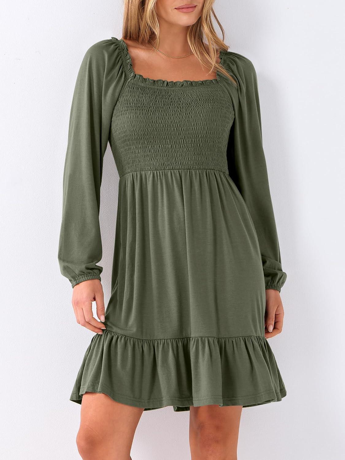imageANRABESS Womens Long Lantern Sleeve Square Neck Dress Smocked Tiered High Waist Ruffle Flowy Swing 2025 Fall Short DressesArmy Green