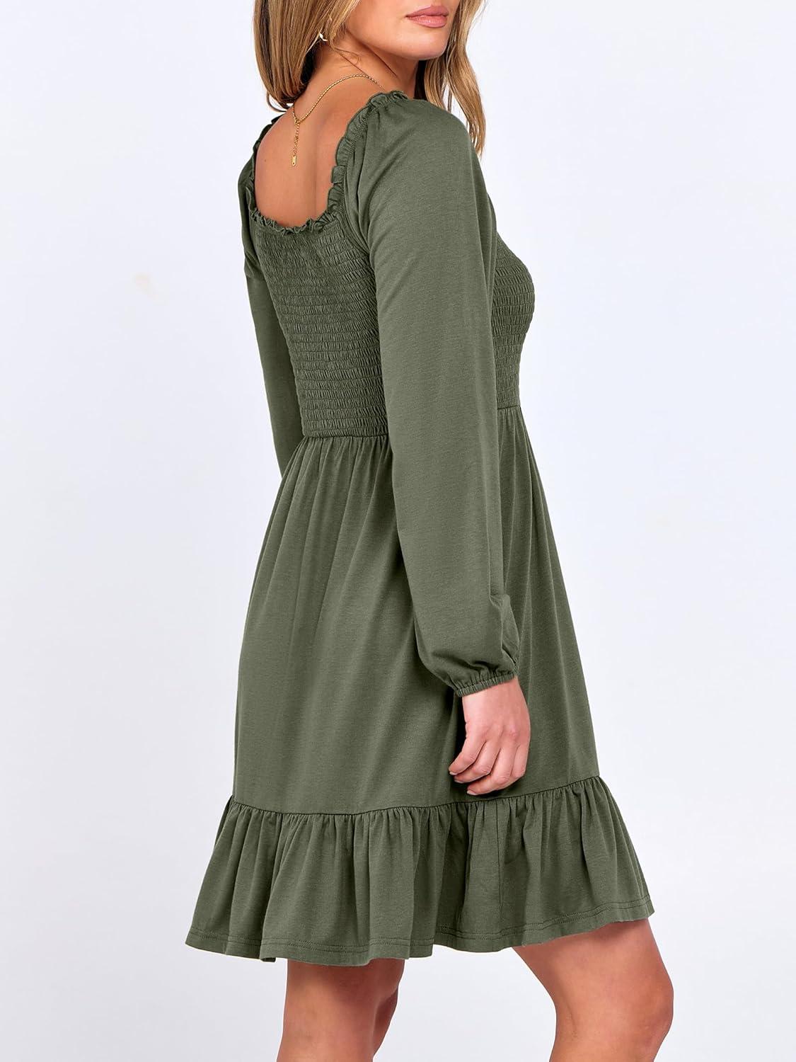 imageANRABESS Womens Long Lantern Sleeve Square Neck Dress Smocked Tiered High Waist Ruffle Flowy Swing 2025 Fall Short DressesArmy Green