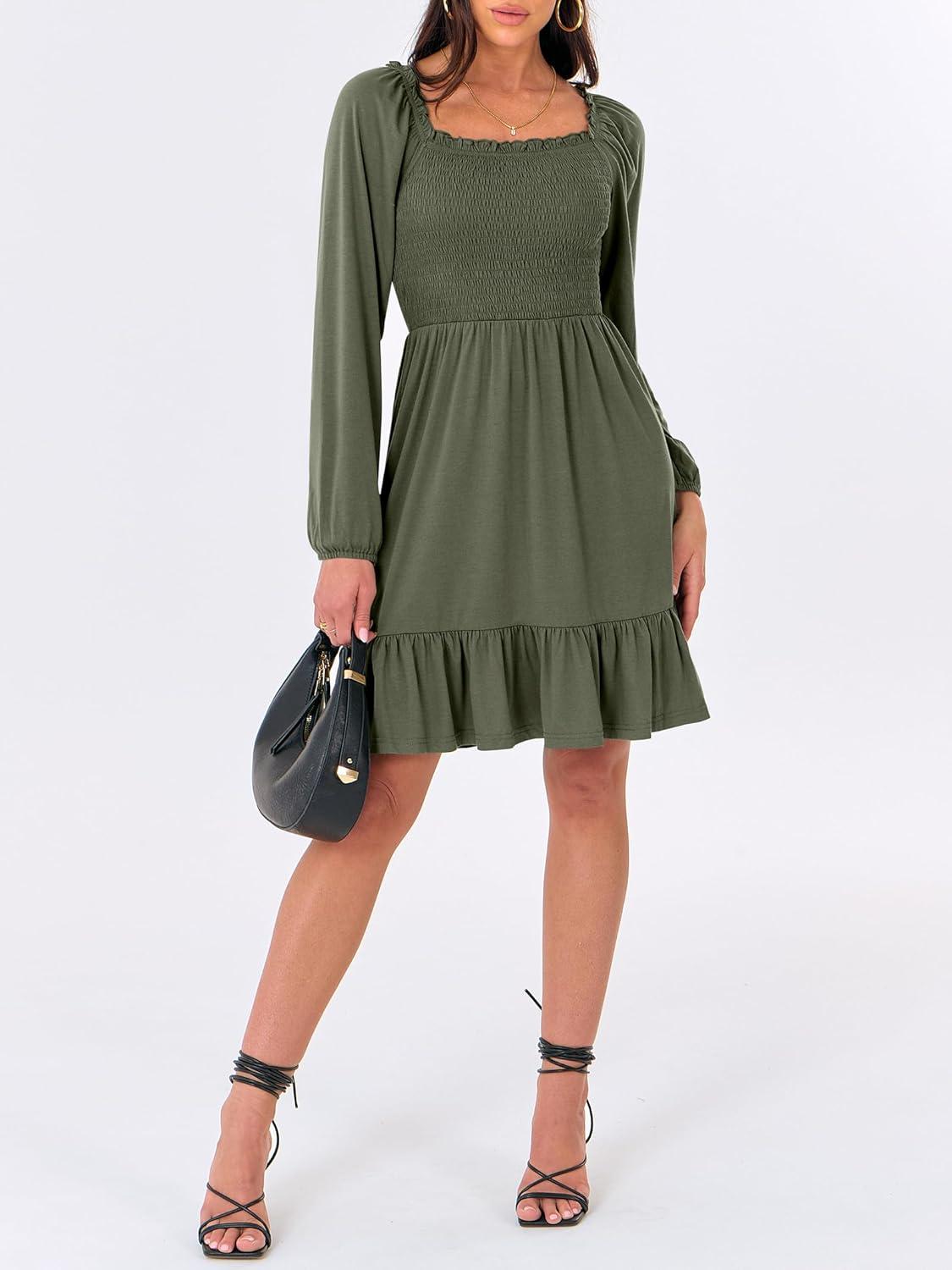 imageANRABESS Womens Long Lantern Sleeve Square Neck Dress Smocked Tiered High Waist Ruffle Flowy Swing 2025 Fall Short DressesArmy Green
