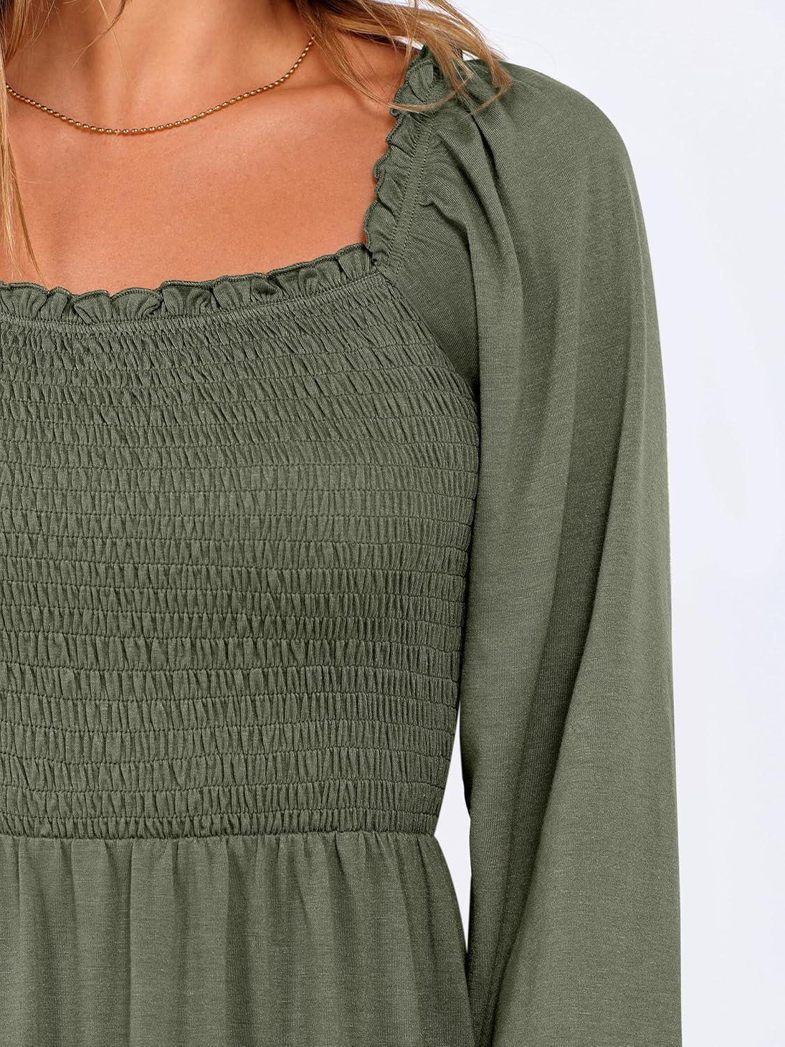 imageANRABESS Womens Long Lantern Sleeve Square Neck Dress Smocked Tiered High Waist Ruffle Flowy Swing 2025 Fall Short DressesArmy Green