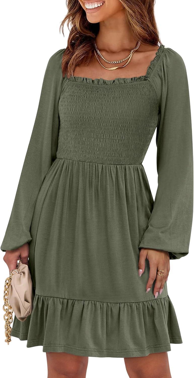 imageANRABESS Womens Long Lantern Sleeve Square Neck Dress Smocked Tiered High Waist Ruffle Flowy Swing 2025 Fall Short DressesArmy Green