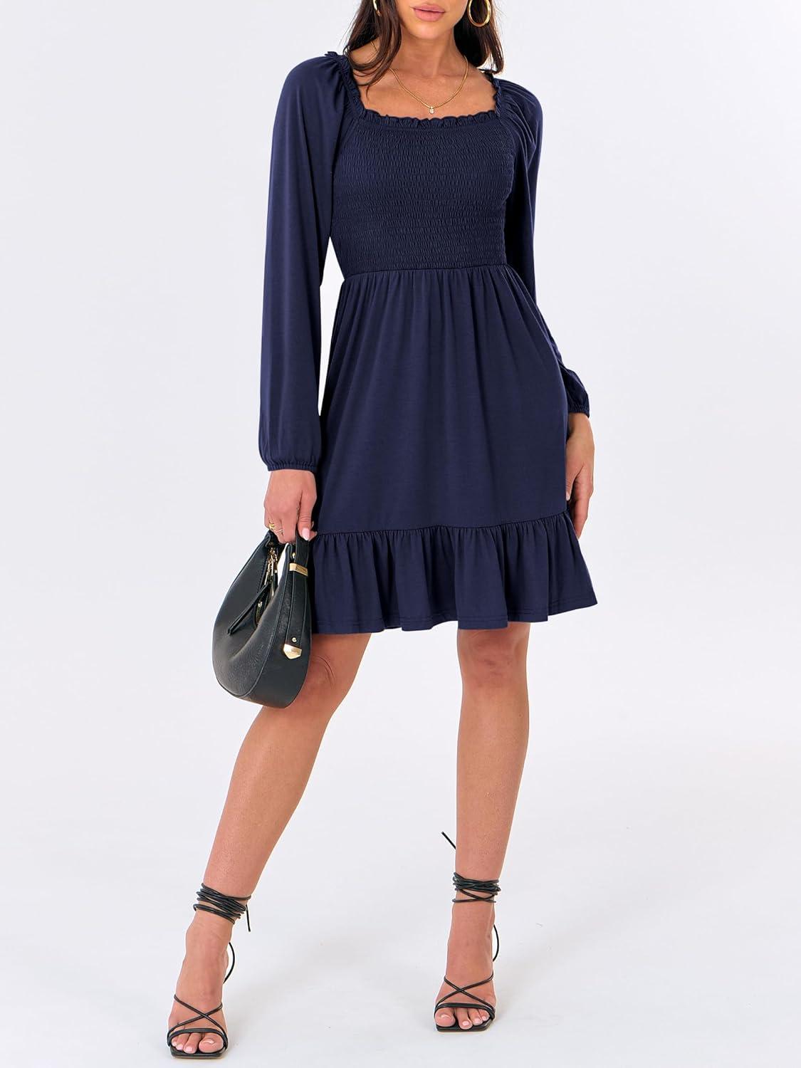 imageANRABESS Womens Long Lantern Sleeve Square Neck Dress Smocked Tiered High Waist Ruffle Flowy Swing 2025 Fall Short DressesNavy Blue