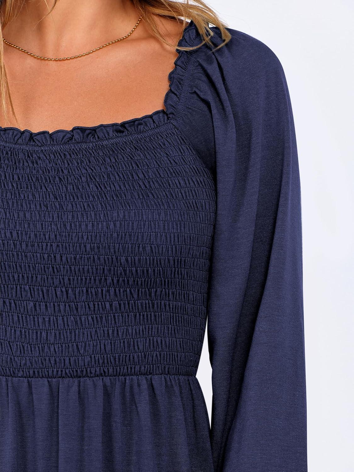 imageANRABESS Womens Long Lantern Sleeve Square Neck Dress Smocked Tiered High Waist Ruffle Flowy Swing 2025 Fall Short DressesNavy Blue