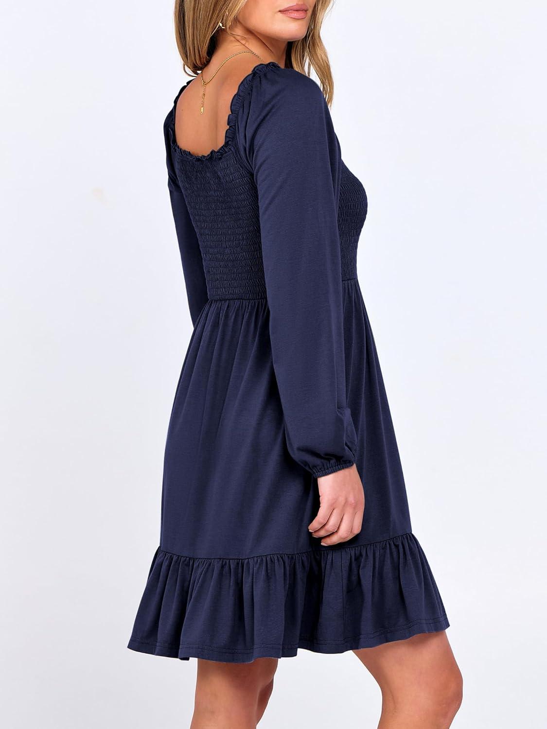 imageANRABESS Womens Long Lantern Sleeve Square Neck Dress Smocked Tiered High Waist Ruffle Flowy Swing 2025 Fall Short DressesNavy Blue