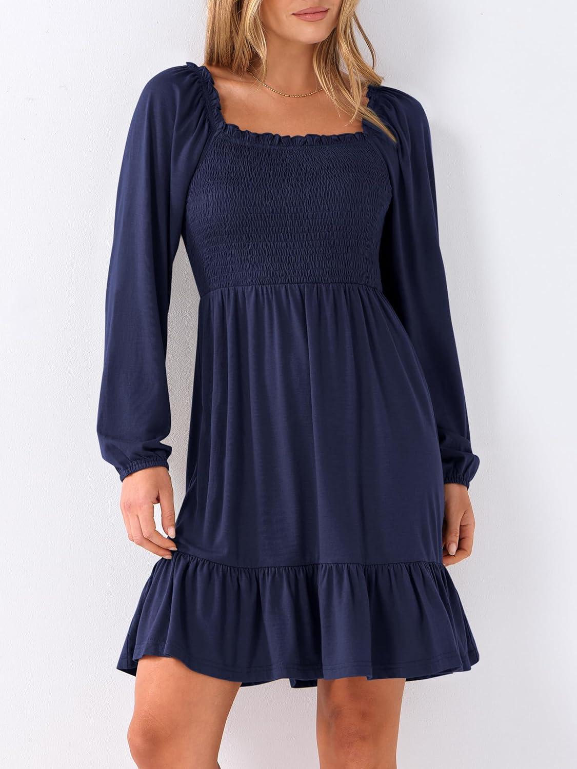 imageANRABESS Womens Long Lantern Sleeve Square Neck Dress Smocked Tiered High Waist Ruffle Flowy Swing 2025 Fall Short DressesNavy Blue