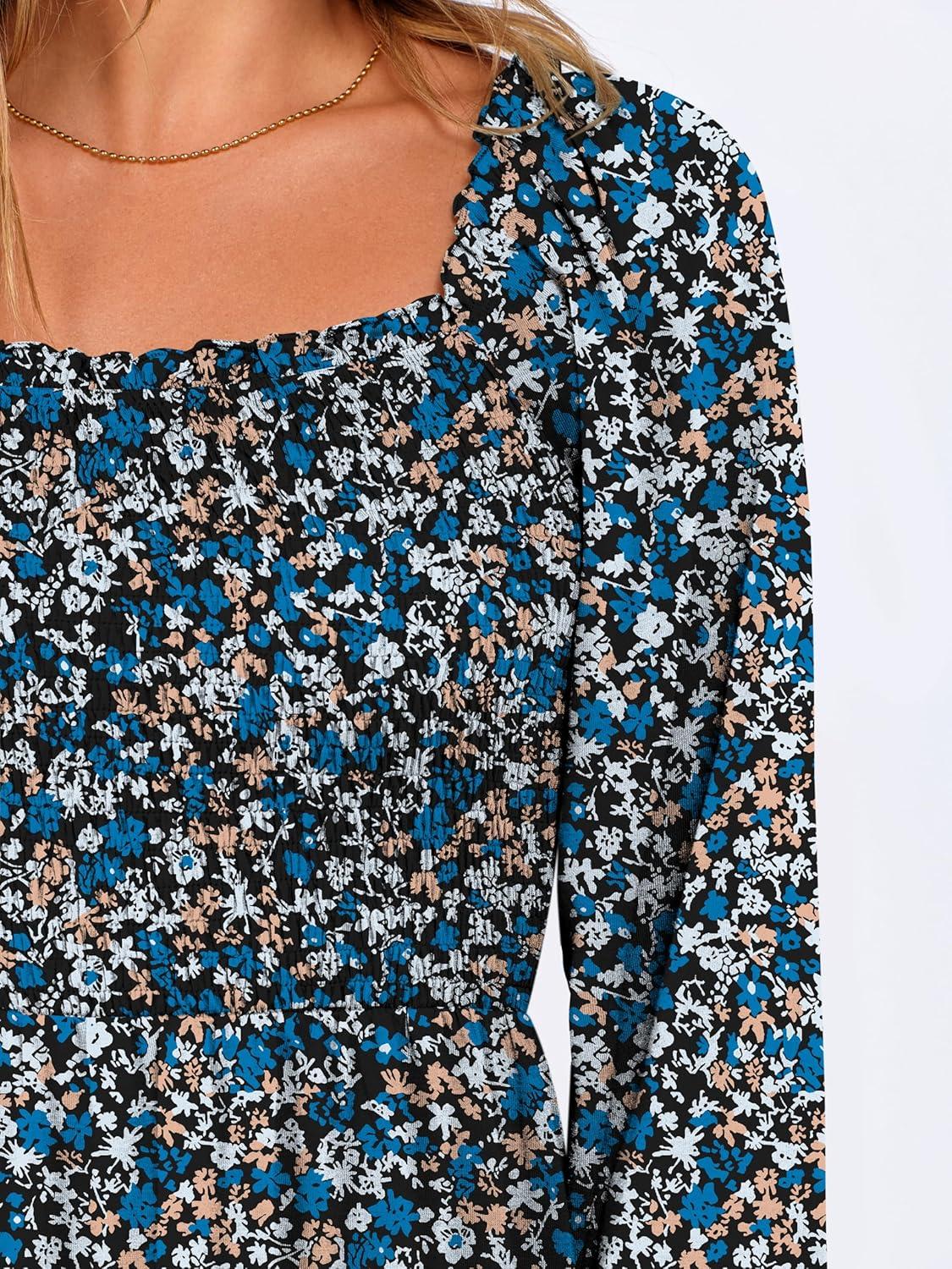 imageANRABESS Womens Long Lantern Sleeve Square Neck Dress Smocked Tiered High Waist Ruffle Flowy Swing 2025 Fall Short DressesPrint Blue White