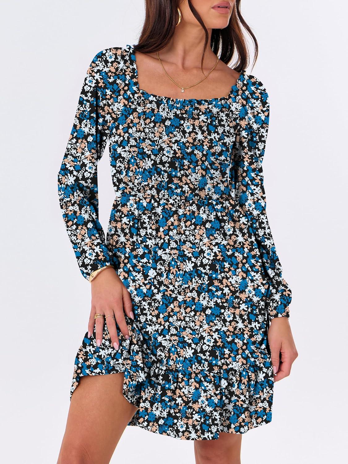 imageANRABESS Womens Long Lantern Sleeve Square Neck Dress Smocked Tiered High Waist Ruffle Flowy Swing 2025 Fall Short DressesPrint Blue White