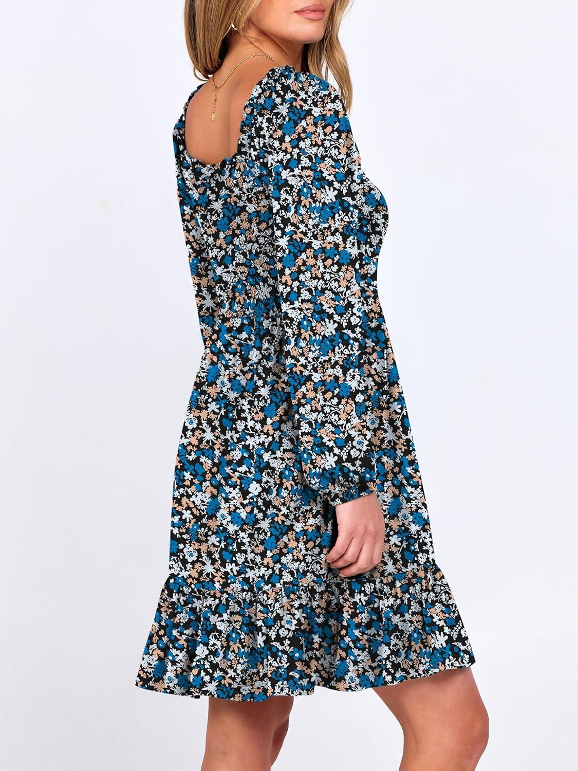 imageANRABESS Womens Long Lantern Sleeve Square Neck Dress Smocked Tiered High Waist Ruffle Flowy Swing 2025 Fall Short DressesPrint Blue White