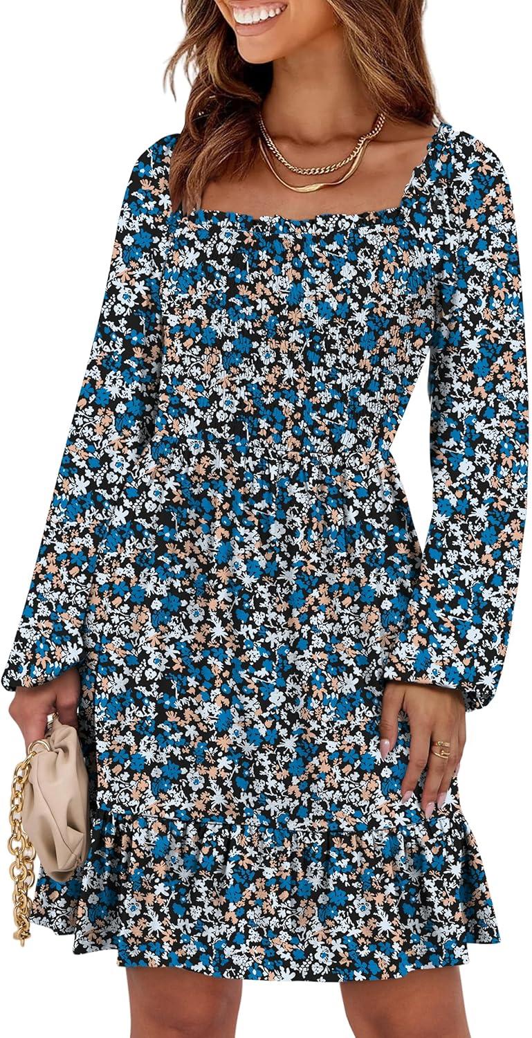 imageANRABESS Womens Long Lantern Sleeve Square Neck Dress Smocked Tiered High Waist Ruffle Flowy Swing 2025 Fall Short DressesPrint Blue White