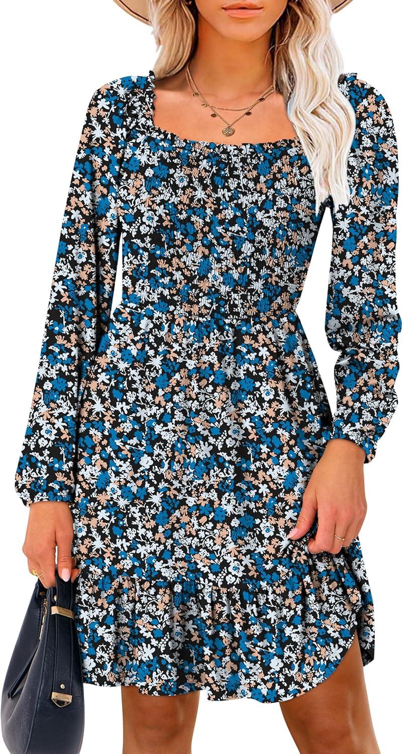 imageANRABESS Womens Long Lantern Sleeve Square Neck Dress Smocked Tiered High Waist Ruffle Flowy Swing 2025 Fall Short DressesPrint Blue White
