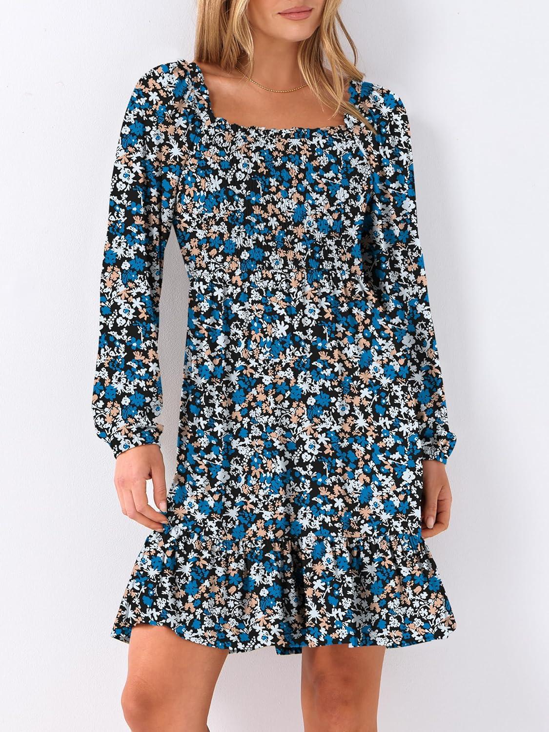 imageANRABESS Womens Long Lantern Sleeve Square Neck Dress Smocked Tiered High Waist Ruffle Flowy Swing 2025 Fall Short DressesPrint Blue White