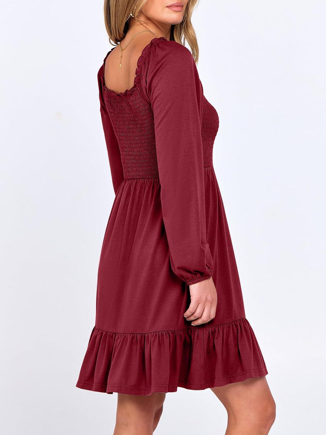 imageANRABESS Womens Long Lantern Sleeve Square Neck Dress Smocked Tiered High Waist Ruffle Flowy Swing 2025 Fall Short DressesRed