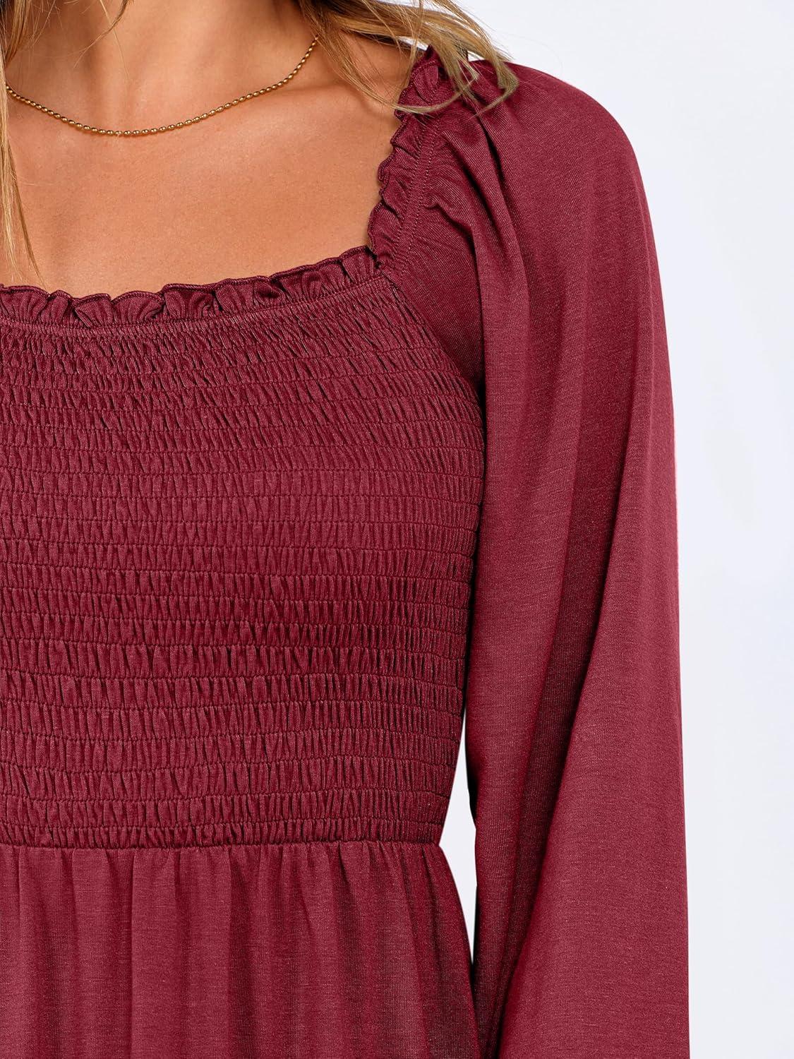 imageANRABESS Womens Long Lantern Sleeve Square Neck Dress Smocked Tiered High Waist Ruffle Flowy Swing 2025 Fall Short DressesRed