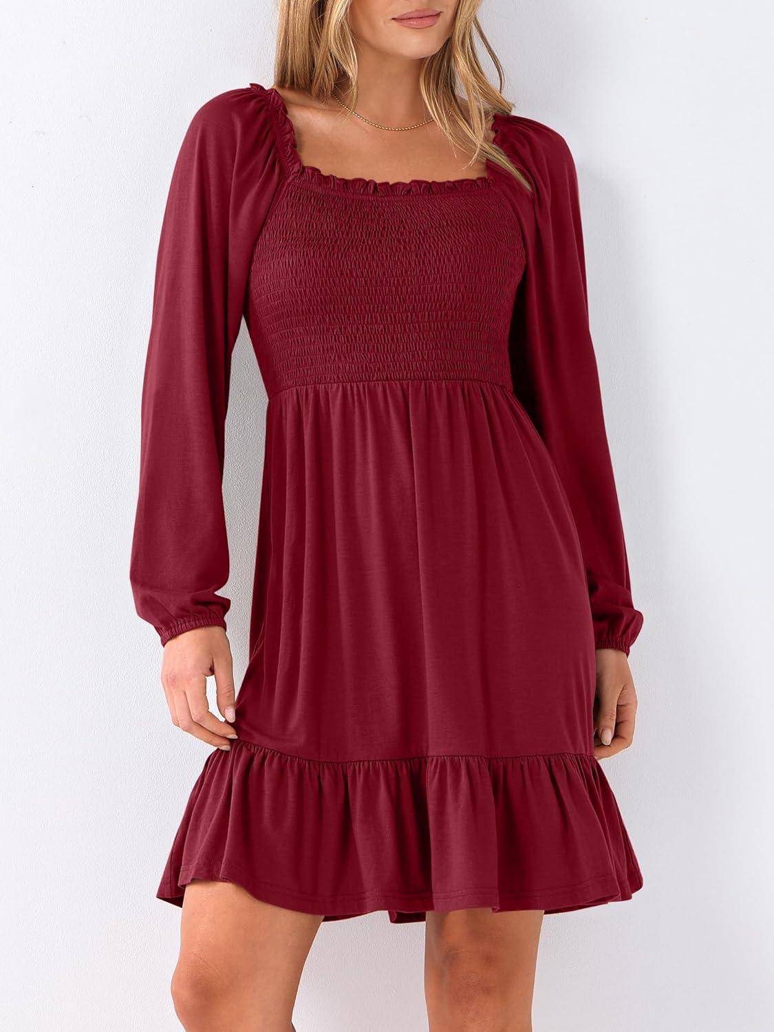 imageANRABESS Womens Long Lantern Sleeve Square Neck Dress Smocked Tiered High Waist Ruffle Flowy Swing 2025 Fall Short DressesRed