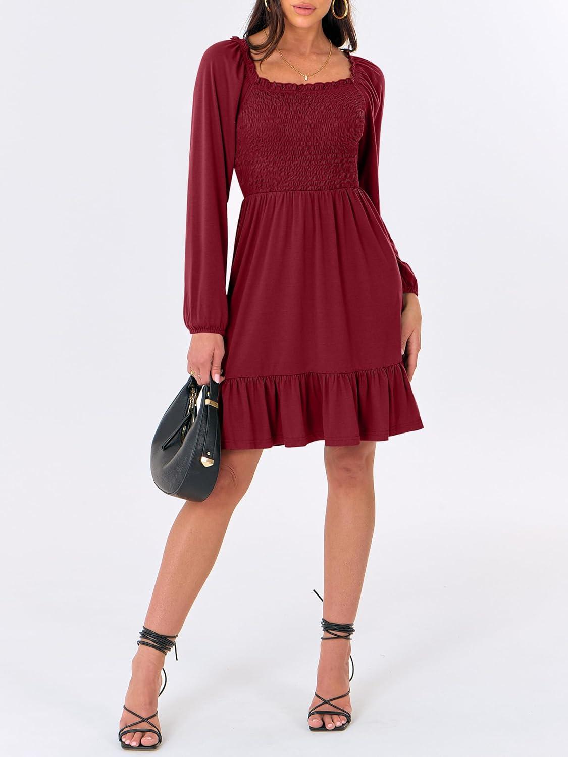 imageANRABESS Womens Long Lantern Sleeve Square Neck Dress Smocked Tiered High Waist Ruffle Flowy Swing 2025 Fall Short DressesRed