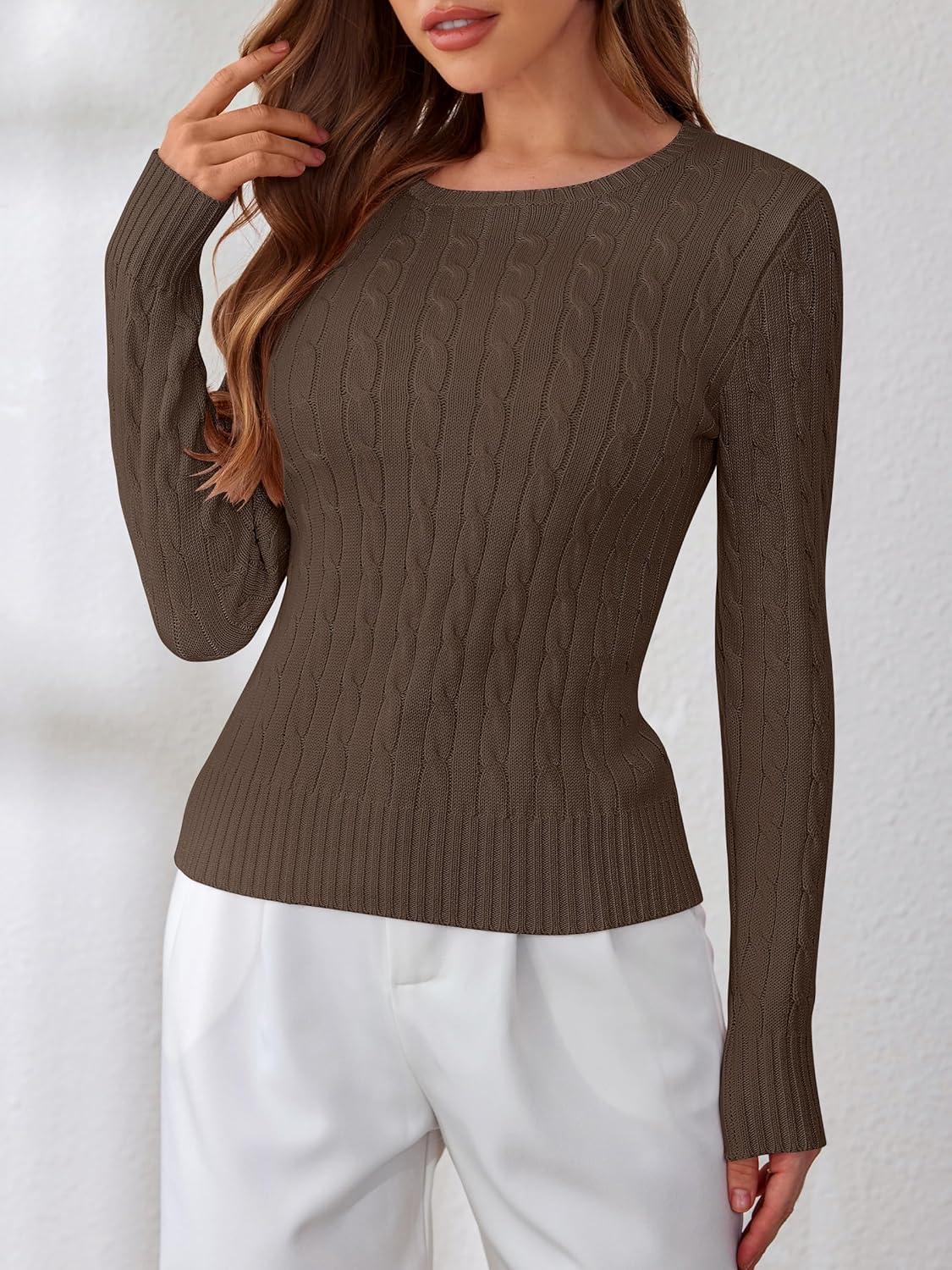 imageANRABESS Womens Long Sleeve Cable Knit Sweater Jumper Crewneck Pullover Soft Dressy Casual Tops Cute 2025 Fall Trendy OutfitsCoffee