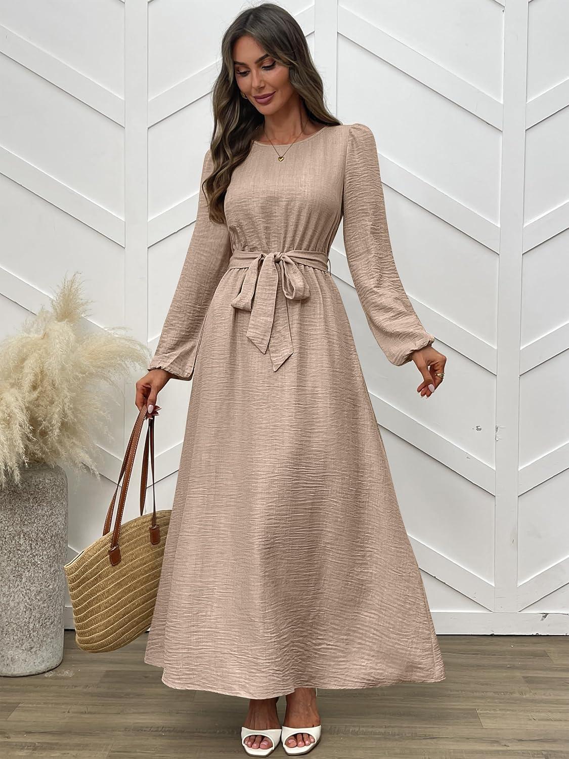 imageANRABESS Womens Long Sleeve Dress 2025 Fall Casual Empire Waist ALine Flowy Maxi Dresses with Pockets Vacation OutfitsLight Khaki