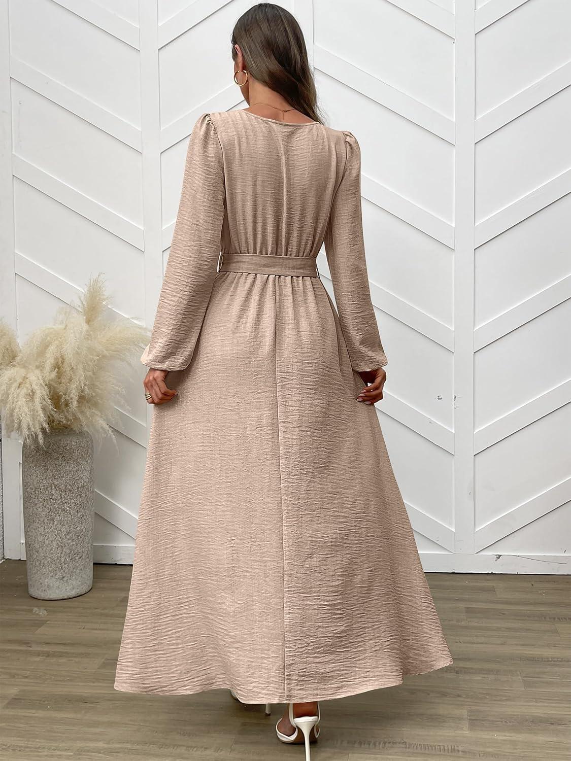 imageANRABESS Womens Long Sleeve Dress 2025 Fall Casual Empire Waist ALine Flowy Maxi Dresses with Pockets Vacation OutfitsLight Khaki