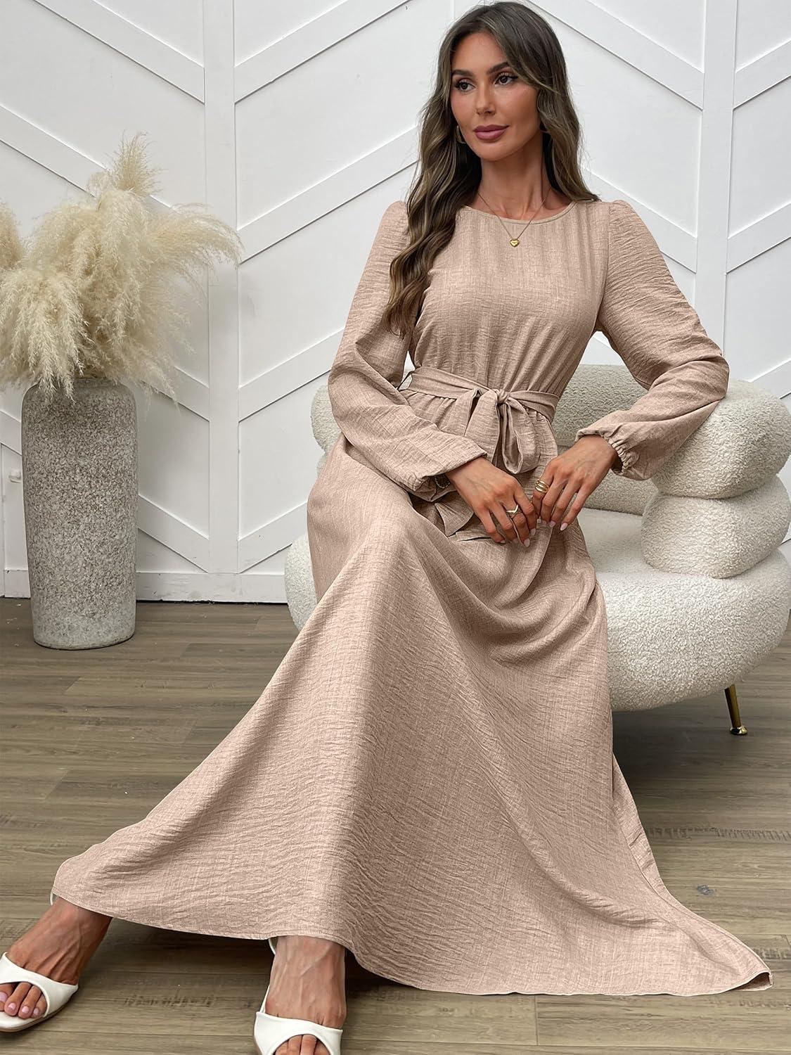 imageANRABESS Womens Long Sleeve Dress 2025 Fall Casual Empire Waist ALine Flowy Maxi Dresses with Pockets Vacation OutfitsLight Khaki