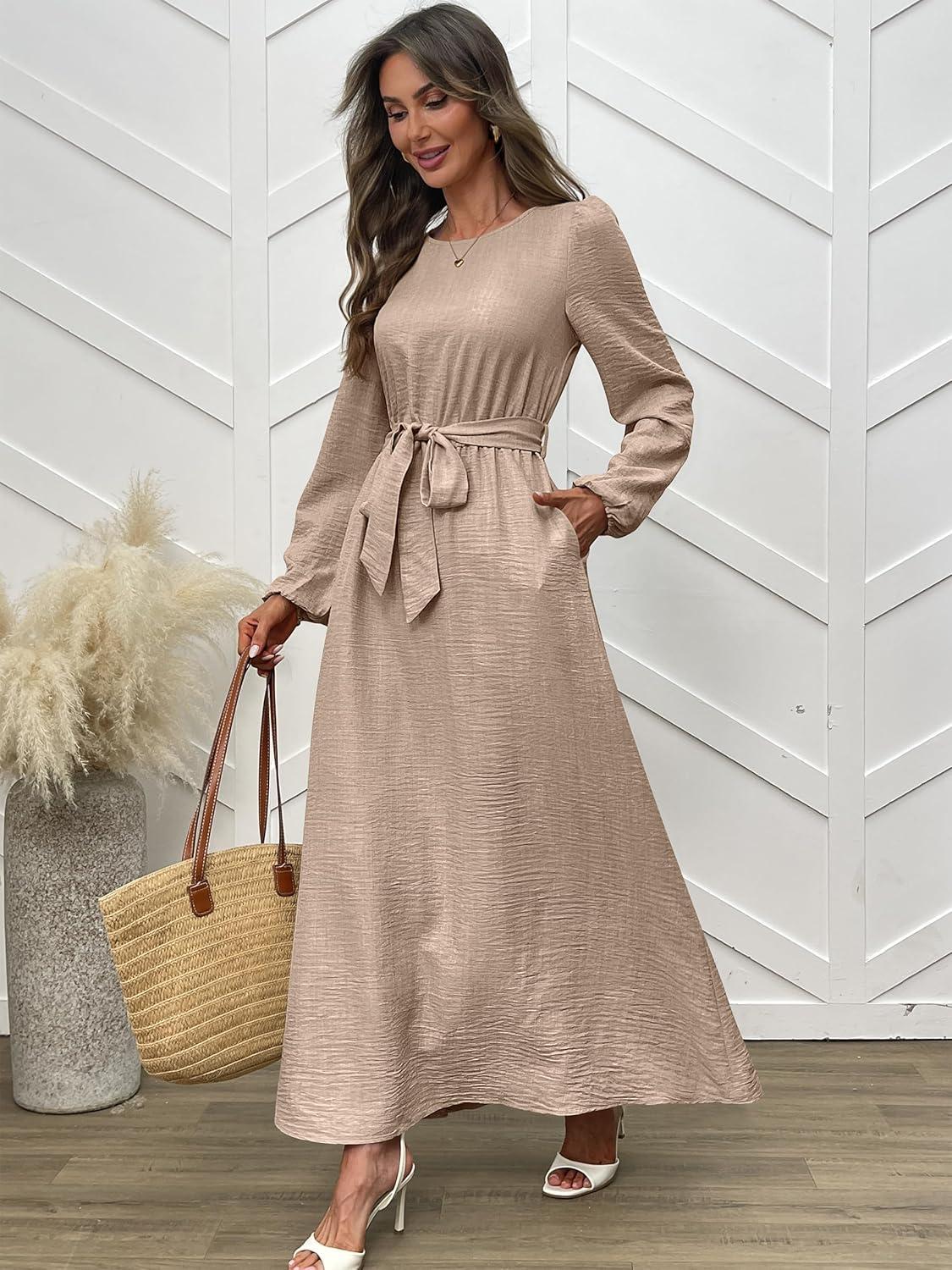 imageANRABESS Womens Long Sleeve Dress 2025 Fall Casual Empire Waist ALine Flowy Maxi Dresses with Pockets Vacation OutfitsLight Khaki