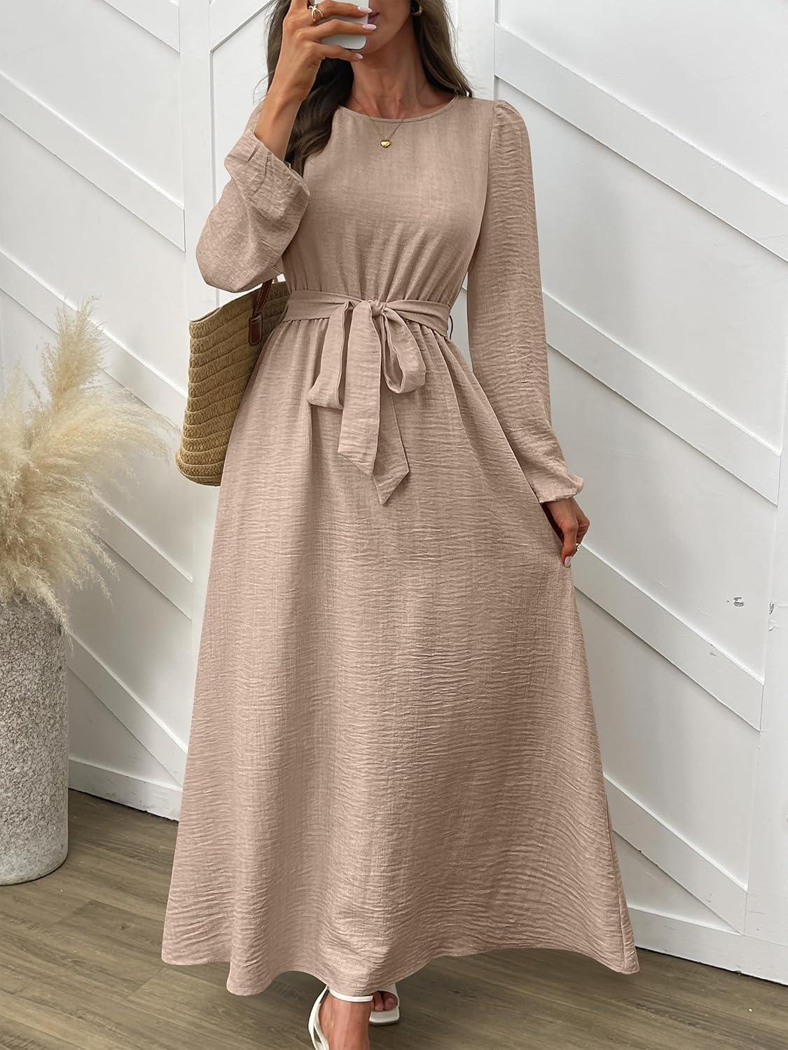 imageANRABESS Womens Long Sleeve Dress 2025 Fall Casual Empire Waist ALine Flowy Maxi Dresses with Pockets Vacation OutfitsLight Khaki